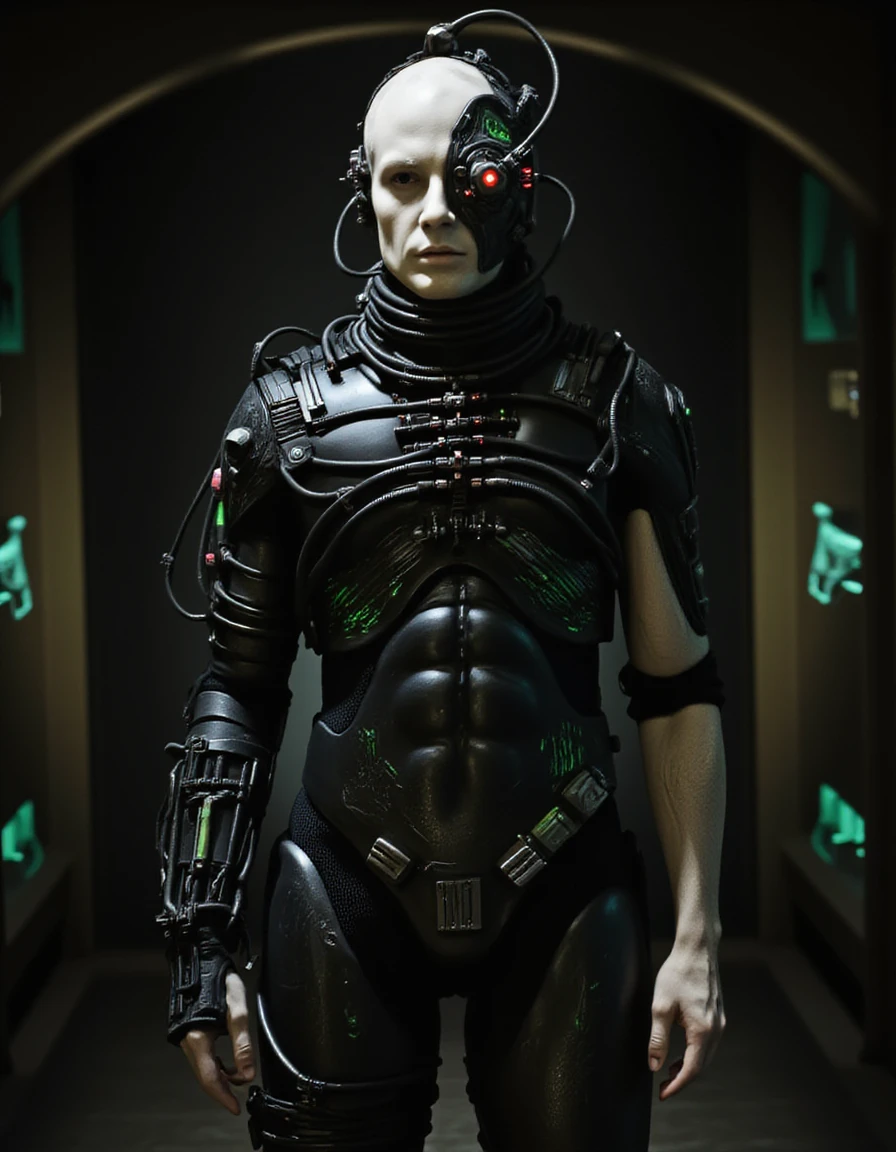 hyper realistic Borg standing in a dimly lit environment, exuding a blend of cold precision and relentless purpose. Their pale skin is almost entirely covered in dark metallic implants and tubes, with glowing green lights embedded across their body. A single red laser eye dominates their face, scanning with an expressionless gaze. The left arm is a fully cybernetic limb, equipped with various tools and weapons, while the other arm retains a haunting remnant of its original human form. The figure stands tall and rigid, surrounded by shadowy machinery and the faint glow of green energy conduits, emphasizing their assimilation into the collective. The overall aesthetic is a fusion of advanced technology and dystopian horror, with a focus on sharp details and eerie lighting <lora:borg_v1:0.8>