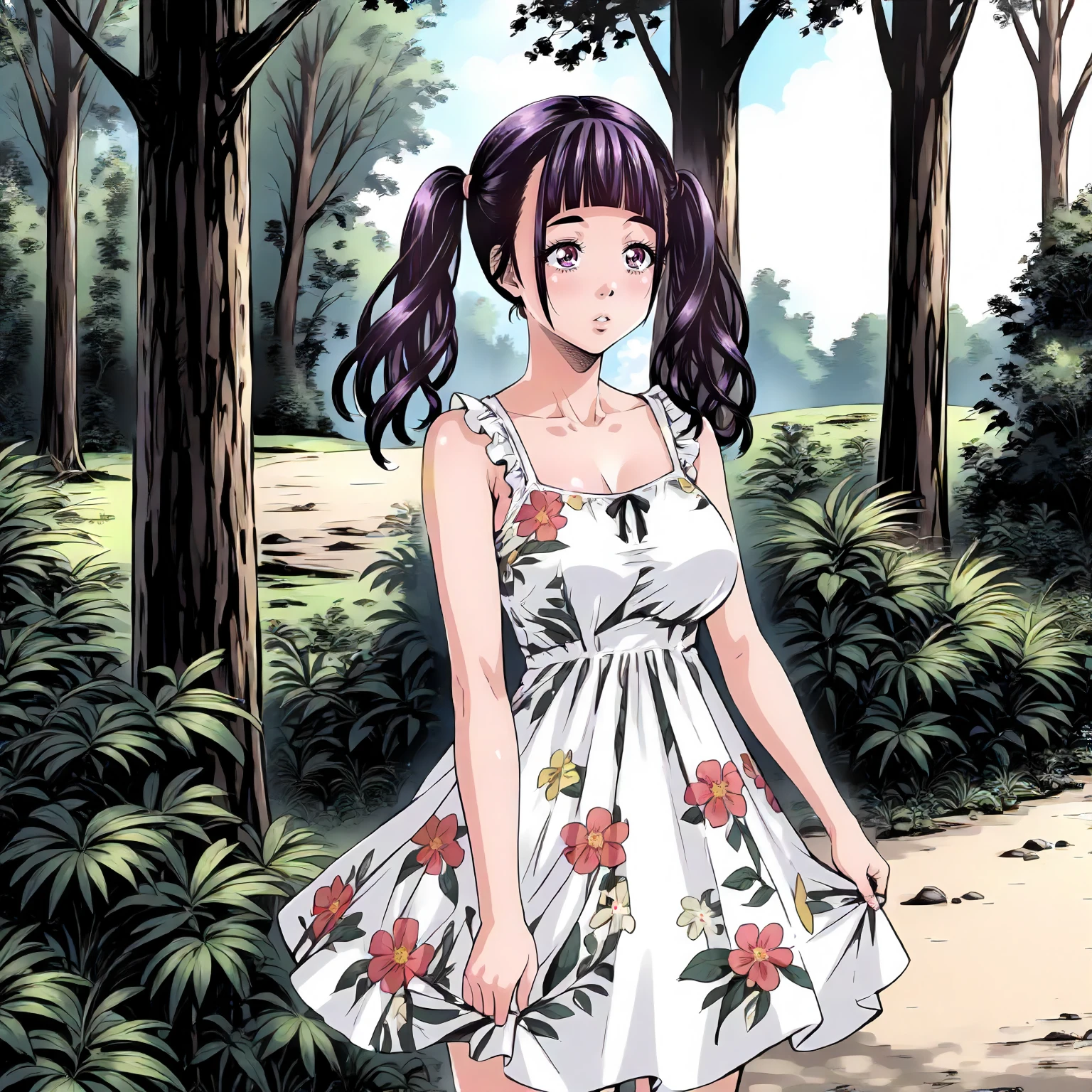 <lora:JdMnS_SanaXLpony001>,
outdoors,nature,
parted lips,
solo,
Sana,1girl,black -purple hair,twintails,purple eyes,
large breasts,
sundress,floral dress,sleeveless,
standing,