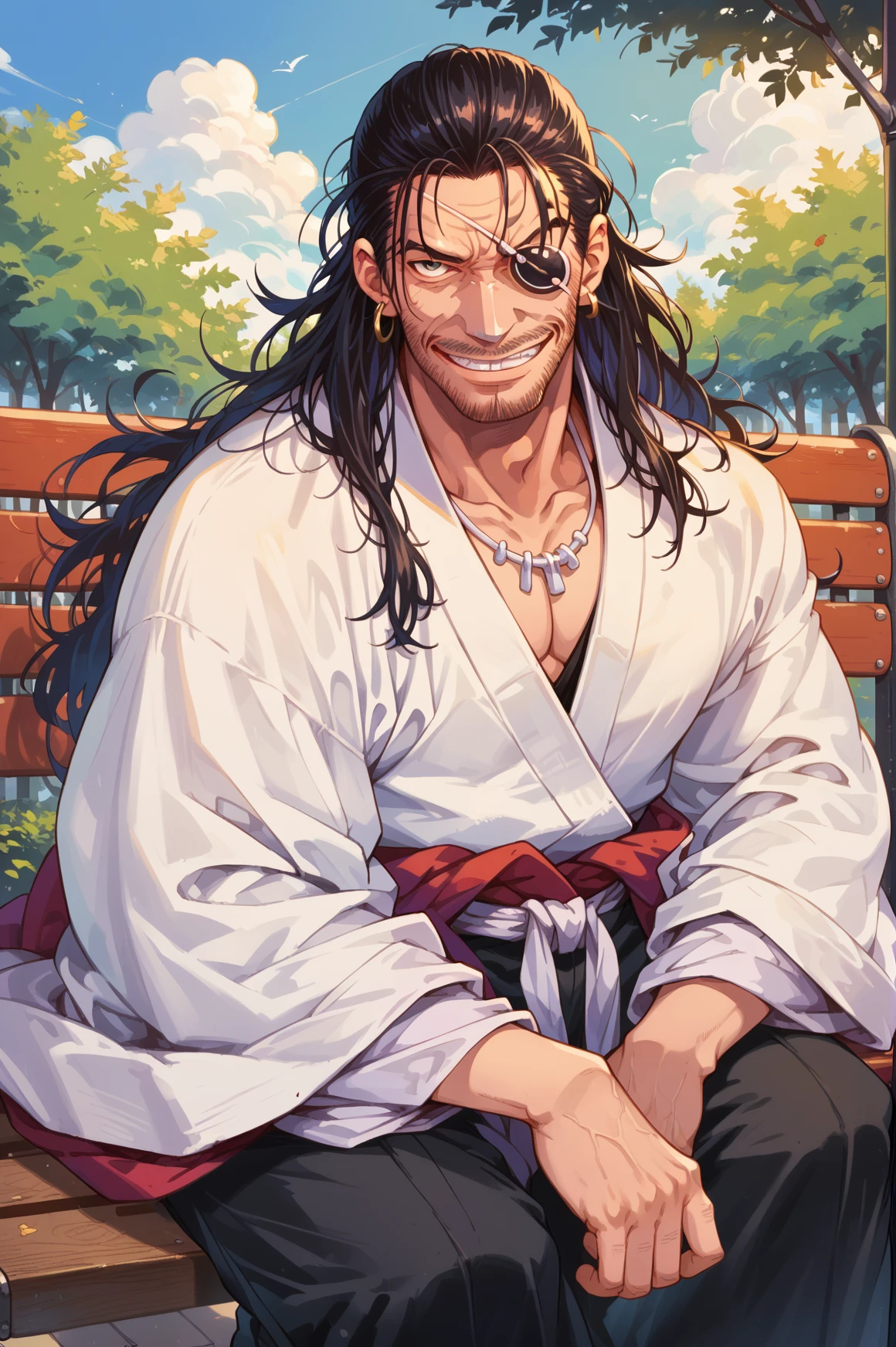 oda_nobunaga_\(drifters)\, facial hair, black hair, eyepatch, white kimono, black pants, japanese clothes, sitting on bench, park, looking at viewer, grin <lora:oda_nobunaga-000019:0.85>, score_9, score_8_up, score_7_up, score_6_up