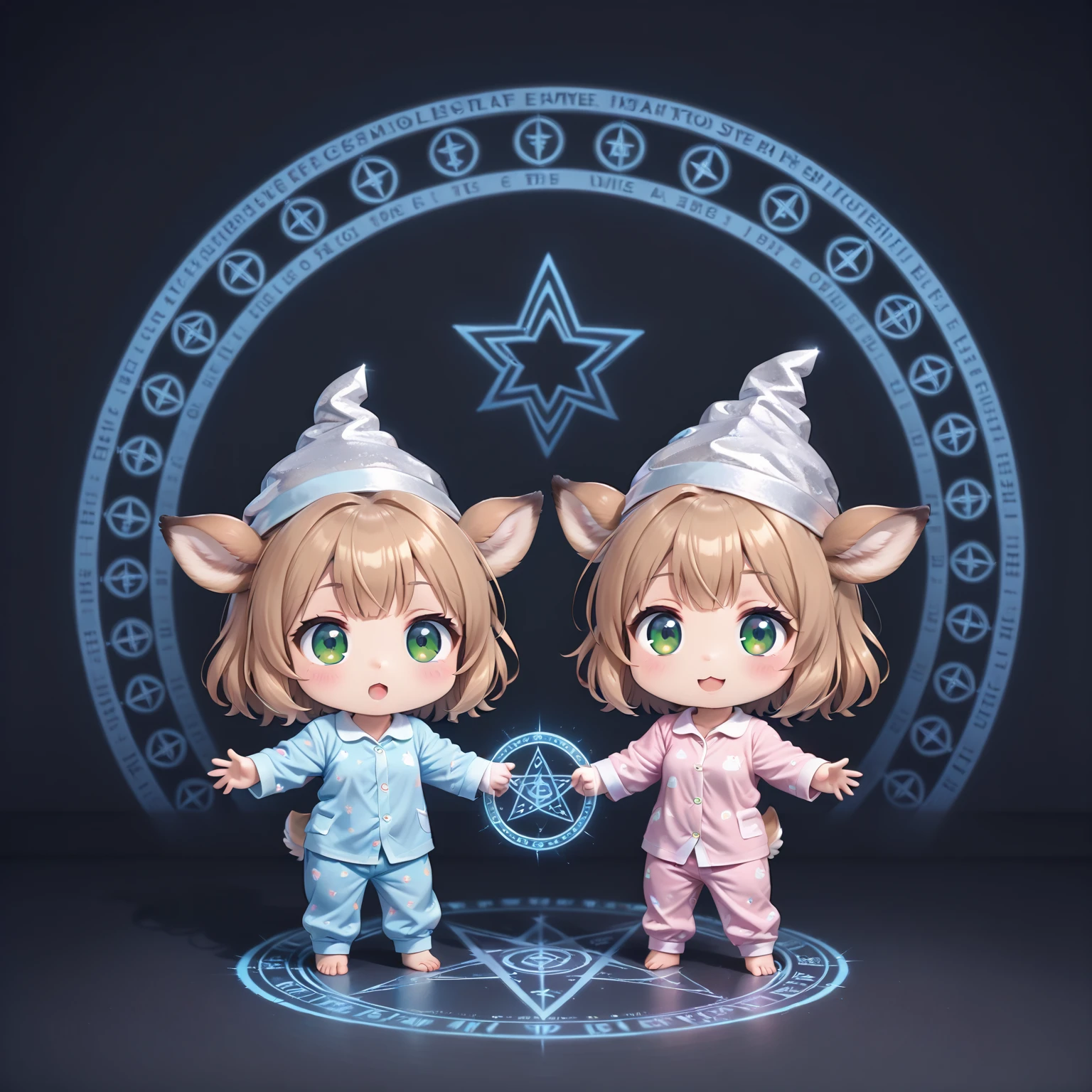 2 chibi deer girls <lora:鹿:0.5> arms up <lora:tin_foil_hat_pony:0.7> tin_foil_hat, Magic Circle Ritual, pajamas
