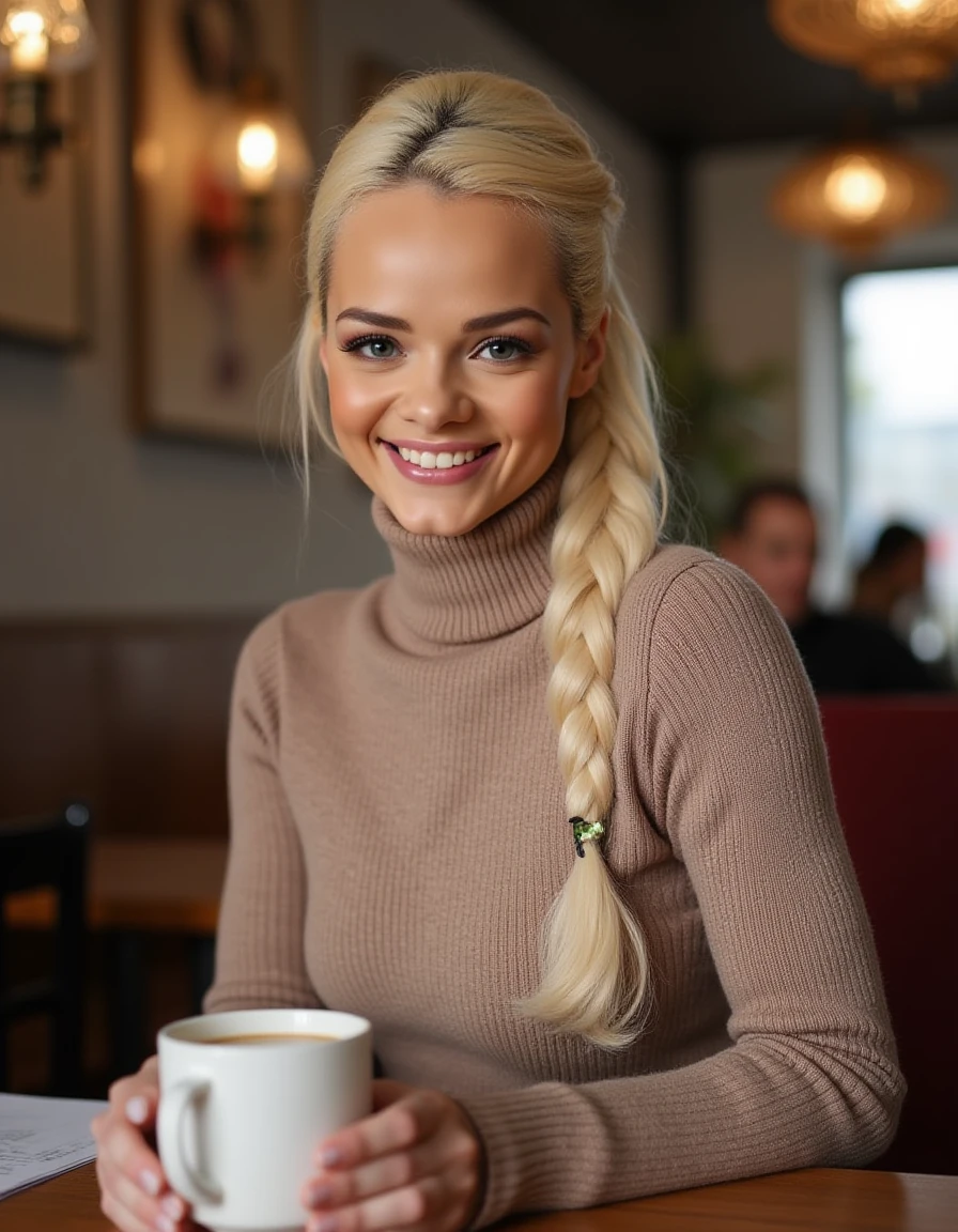 <lora:Elsa_Jean_Flux:1> realistic photo of  elsajean,  blonde, braid, makeup, wearing a turtleneck sweater dress, sitting in a cafe having a coffee, smiling, looking at viewer.