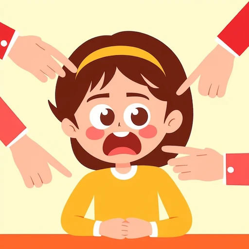 A cartoon of a girl crying. There are hands pointing at the girl with their fingers. The girl has brown hair and a yellow headband. There is a table in front of the girl.