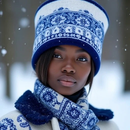 dark skin female, blue gzhel print on white kokoshnik headdress, winter wool based coat, winter forest, outdoors, falling down snow, intricate details, professional photography