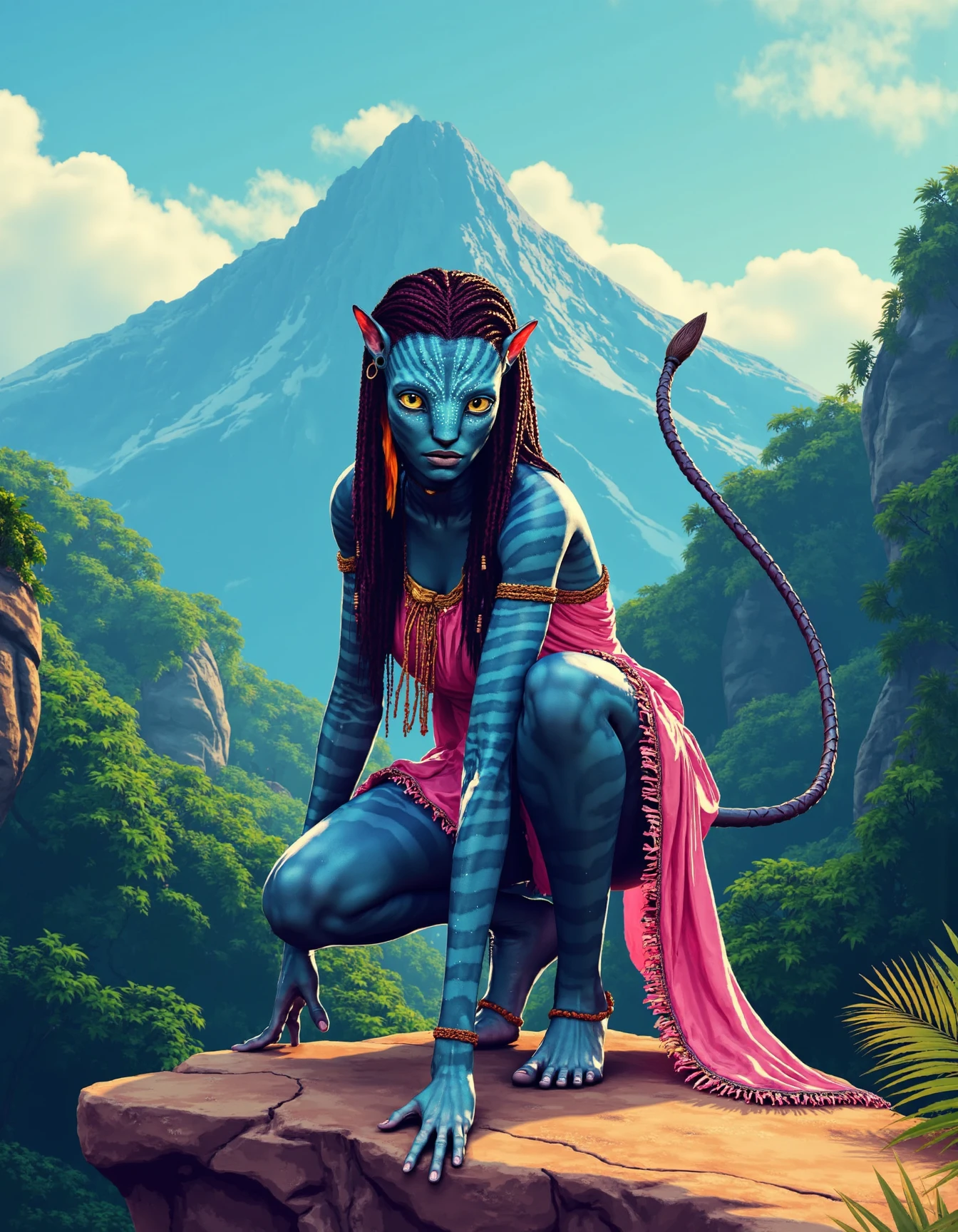 a pop art styled picture with flat colors of n3ytiri in crouching position on rock ledge. Animated three-quarter perspective. Posed in crouch with one hand touching ground and her long tail waving behind her. wearing a pink frilly dress. Dense forest and mountain landscape in background
<lora:neytiriFlux:1>