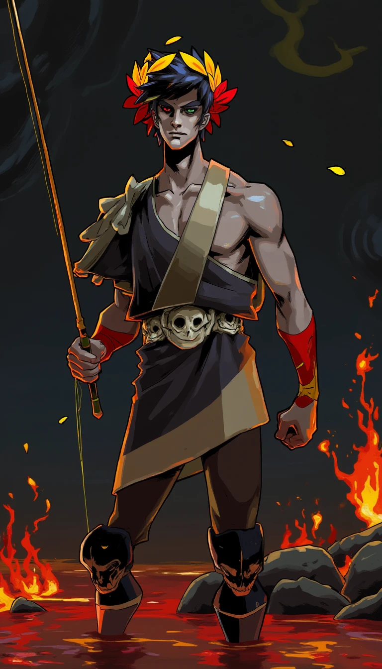 <lora:ZagreusFlux:1>Zagreus Hades, holding a fishing rod, fishing from a lava lake that is located underground in a cave system, His eyes are strikingly different colors; his left eye is a vibrant green, while the right eye is a deep red, full body view, wearing a wreath of red and yellow leaves around his head, reminiscent of ancient Greek or Roman laurels