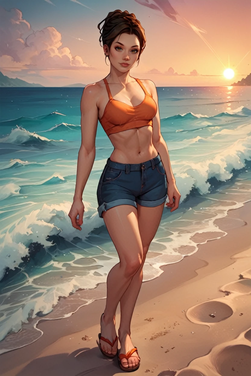 Handsome Tomboy ,Loose-fitting clothing, Beach,Large Breasts,Toned body,belly button,Sandals,Barefoot