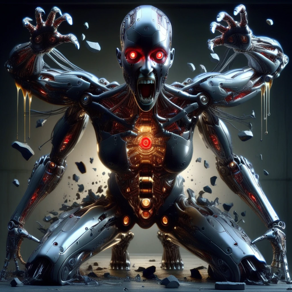 humanoid robot, 1girl, exhibiting complex robot joints, oil and grease visibly dripping from joints and crevices, full body depiction, covered in intricate mechanical parts, no humans present, ultra-realistic detailing, portrayed as a solo figure, bald head with glowing red eyes looking upwards, defined nose, mouth wide open revealing sharp teeth, facial expression conveying a scream, mechanical chest with visible breasts, central glowing core emitting a bright light, equipped with ten mechanical arms extending from the back, each arm ending in detailed open hands with mechanical fingers, mechanical legs bent on knees, mechanical feet exposed, barefoot, surrounded by scattered debris, dimly lit industrial environment, high contrast lighting highlighting the glow from the core and eyes, adding a sense of tension and drama