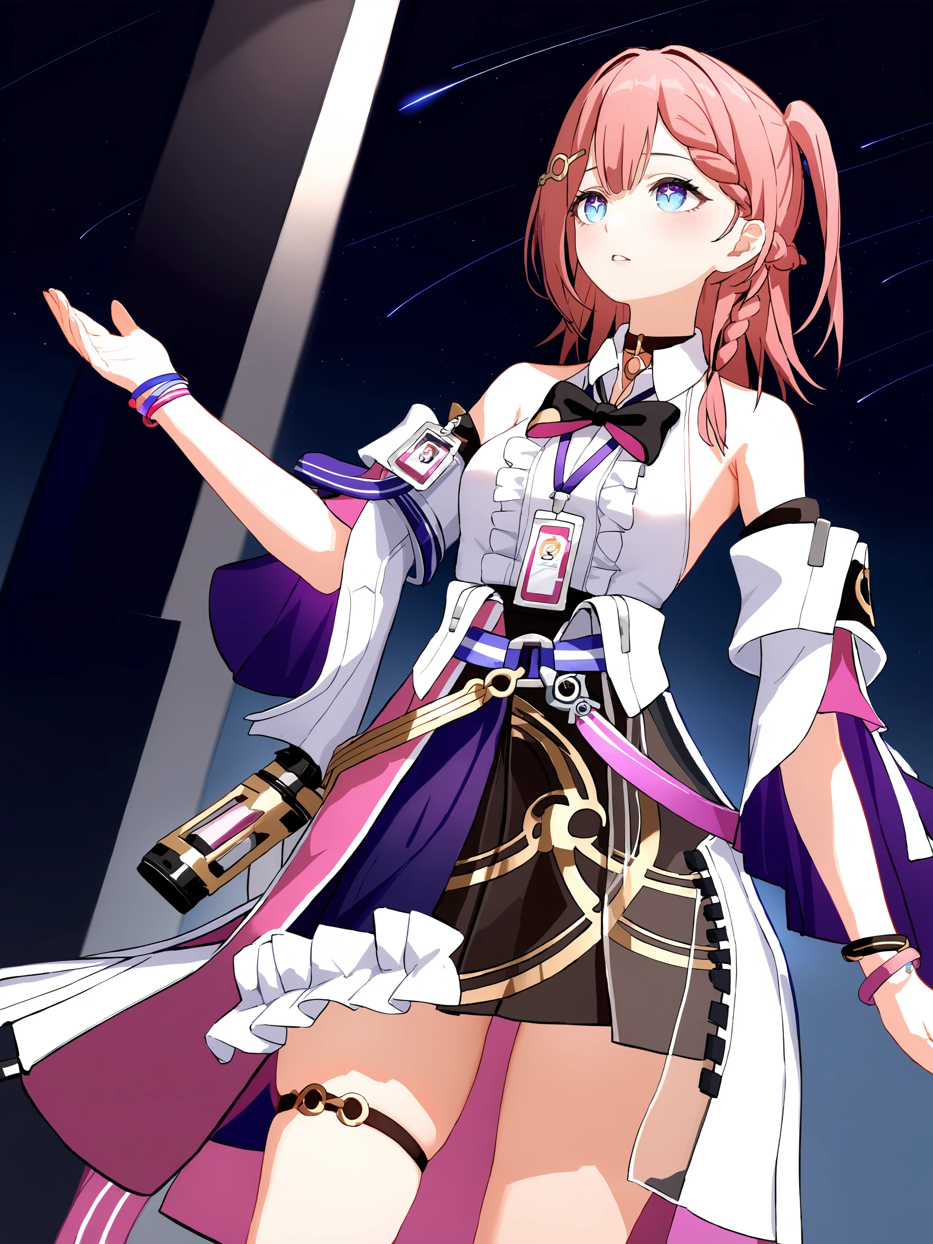 1girl, asta \(honkai: star rail\), detached sleeves, sleeveless shirt, id card, high-waist skirt, overskirt, thigh strap, bracelet, hairpin, belt, bowtie, choker, looking up, starry sky, shooting star, parted lips, cowboy shot, standing <lora:Char-HonkaiSR-Asta-XL-V1:0.8> <lora:XL-tool-extremely_detailed:1>, masterpiece, best quality, perfect features, extremely detailed, intricate details, ray tracing, very aesthetic