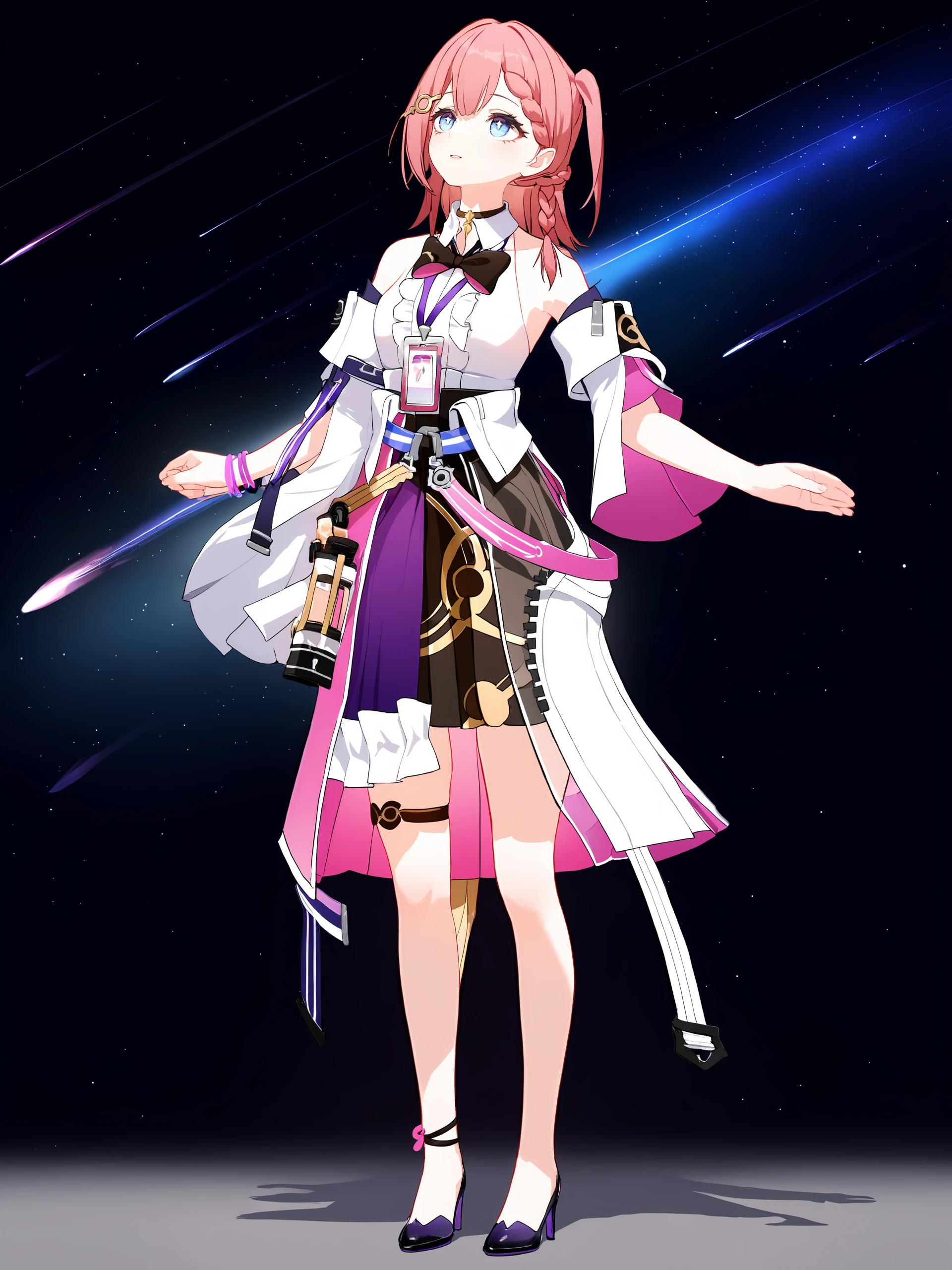 1girl, asta \(honkai: star rail\), detached sleeves, sleeveless shirt, id card, high heels, high-waist skirt, overskirt, anklet, thigh strap, bracelet, hairpin, belt, bowtie, choker, looking up, starry sky, shooting star, parted lips, full body, standing <lora:Char-HonkaiSR-Asta-XL-V1:0.8> <lora:XL-tool-extremely_detailed:1>, masterpiece, best quality, perfect features, extremely detailed, intricate details, ray tracing, very aesthetic
