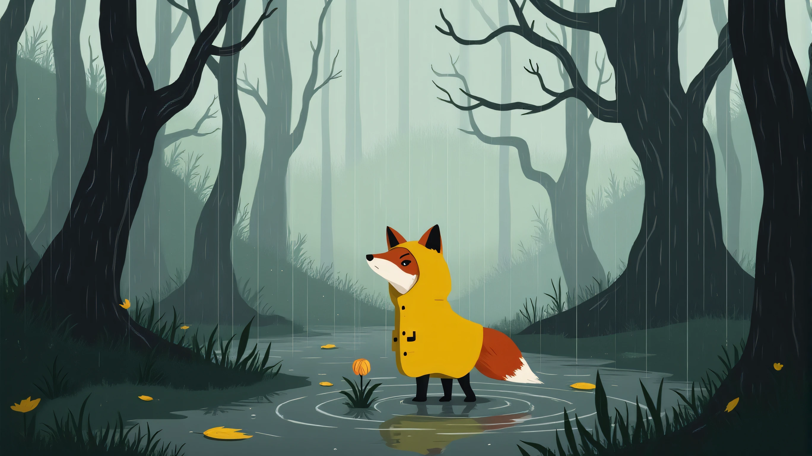 A solitary fox stands in the middle of a deserted, rain-soaked forest clearing, wearing a bright yellow raincoat that contrasts with the dark, muted colors of the scene. The fox’s head is slightly lowered, its eyes filled with sadness as it gazes at a small, wilted flower at its feet. Raindrops fall steadily, creating ripples in the puddles that surround the fox, and the damp ground is covered with fallen leaves, now heavy with rain. In the background, the trees loom tall and bare, their branches reaching out like skeletal fingers, adding to the somber mood. The gray sky is heavy with clouds, casting a shadowy gloom over the entire scene, with only the fox’s yellow raincoat providing a small but poignant splash of color in the otherwise bleak environment.