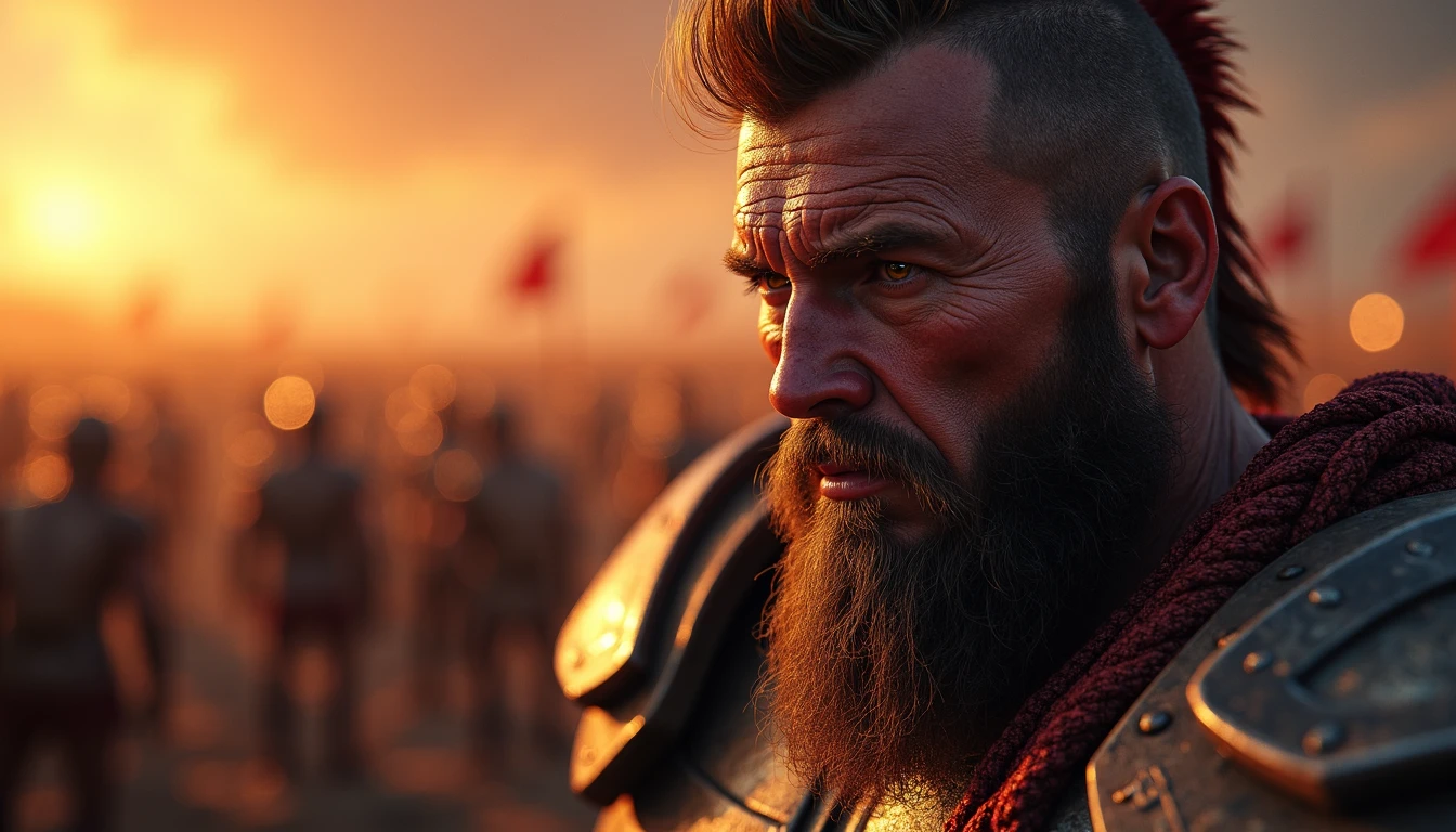 Realism*Digital Painting , Cinematic Depth of field , Ultrafine Details, Rich Details , Ambient light, 32k , Sharp Focus , Art by Oliver Wetter*Skottie Young*Guy Denning*Makoto Shinkai
"The wrinkled and determined face of the Spartan warrior, illuminated by the dim sunset light, reflects the suffering of a veteran soldier and the harshness of war, as he stands in the heart of the bloody battlefield, his heavy armor protects his strong body and his eyes shine like amber in the many deep sockets, reflecting his experience in battle and his unwavering determination."