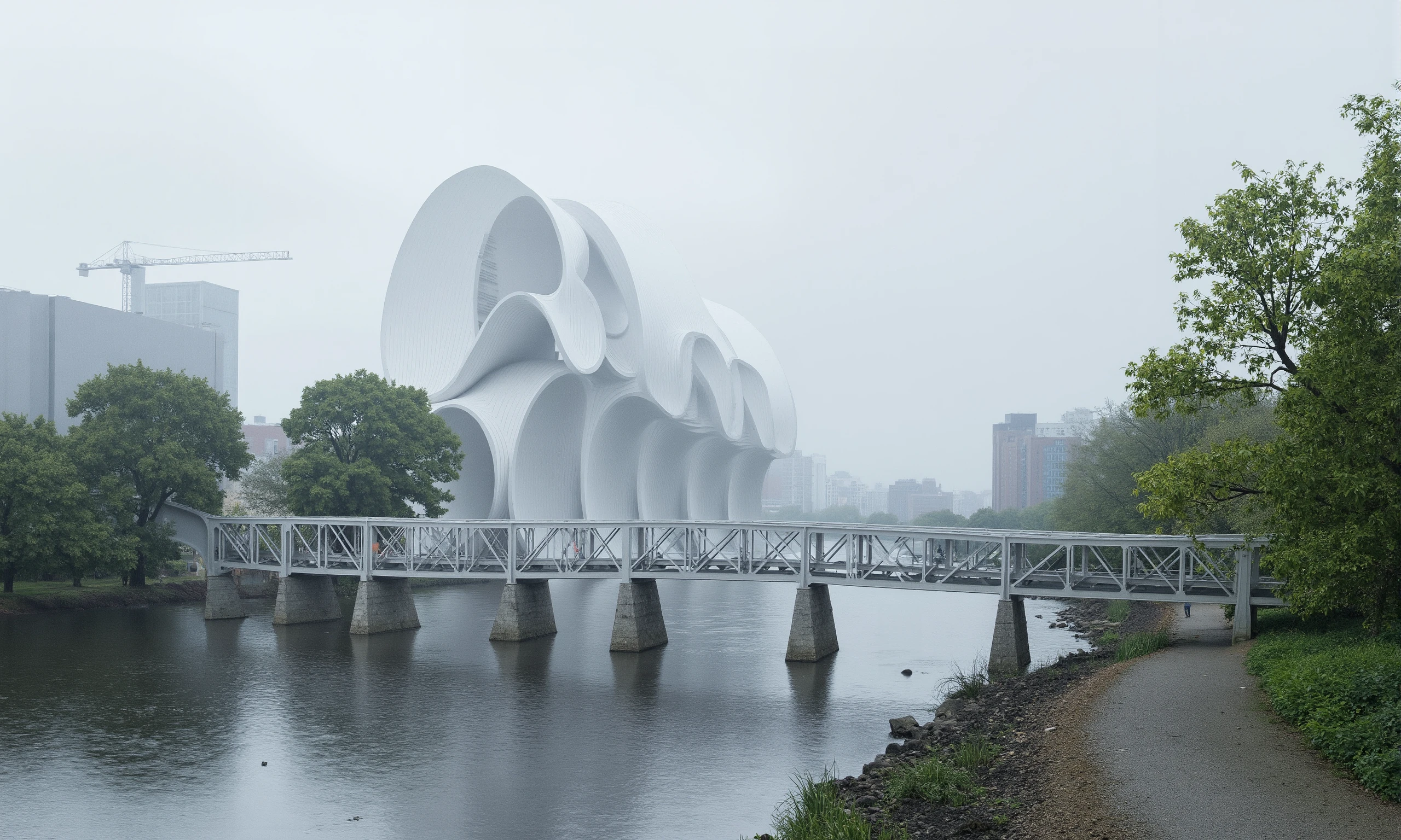 Interconnected with bridges science lab build from organic shape and cylindrical units, parametric design, ceramic 3D printed white materials. Stands as a masterpiece of modern architecture. Located at the mouth of the river with trees and greenery along its banks. Rainy day 