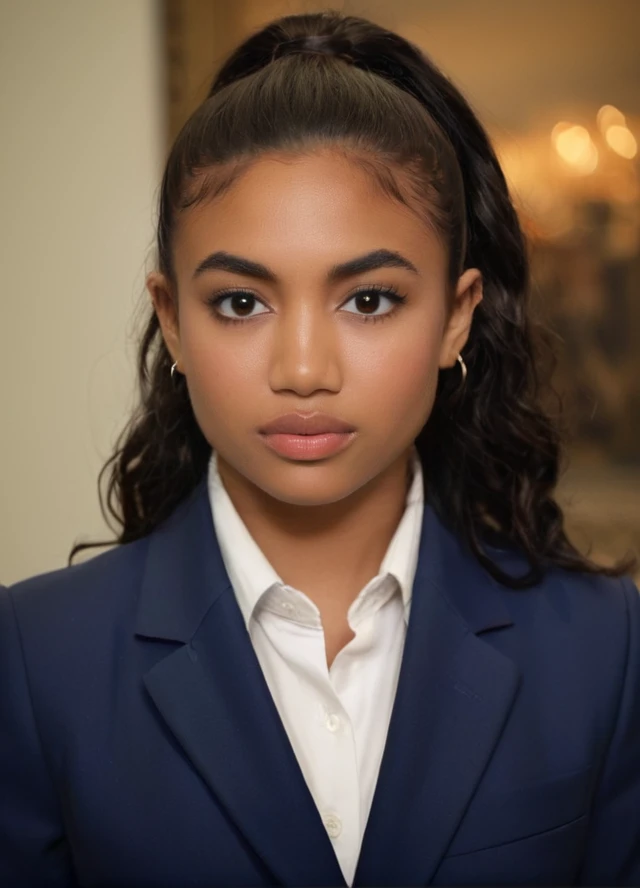 photo of <lora:Paige_Hurd_XL:1>, Paige,  dark ebony  deep brown skin, portait-type of a young  25yo  black women taken by walker evans, (((she is wearing a Blazer)), Shocked disbelief,  hair-color-black curly ponytail hairstyle , hippie chic interior style background in London, England <lora:add-detail-xl:1> <lora:style_lora_dadaptadam_realis:.45> <lora:PerfectEyesXL:.5> 1 women, solo, perfect human anatomy, perfecteyes, black eyes,  Kodak Motion Picture Film Style <lora:Kodak Motion Picture Film Style v5_2:.7>   slim thick thighs <lora:TeethXL:.1>  ((medium perky breasts covered))   ziprealism