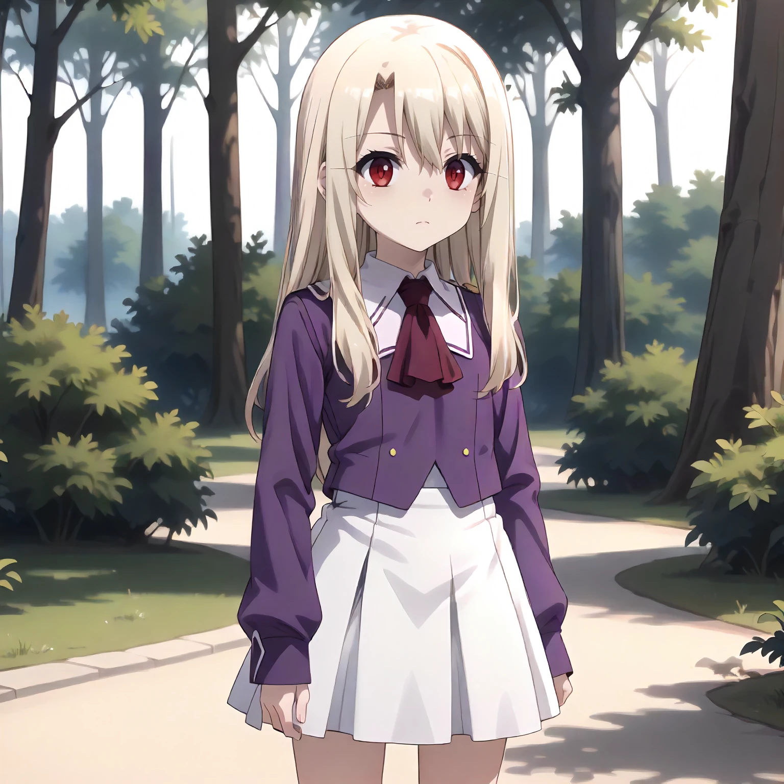 <lora:Fate_IllyaXLpony002>,
outdoors,nature,
solo,
Illya,1girl,blonde hair,long hair,red eyes,
purple jacket,ascot,long_sleeves,
white skirt,
standing,