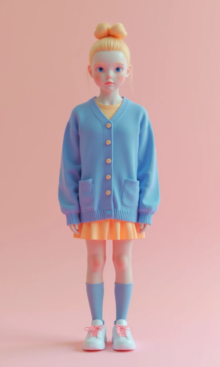 Jennifer in school with figure-hugging sweaterdress cardigan lookbook, cardigan with fully closed buttons, crewneck neckline , blue color cardigan, skirt and stockings , sneakers , blonde bun hair, bright background , whole body, full body portrait,