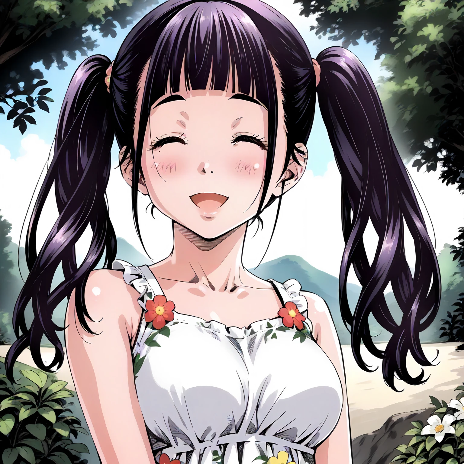 <lora:JdMnS_SanaXLpony001:0.9>,
outdoors,nature,
smile,closed eyes,open mouth,
solo,
Sana,1girl,black -purple hair,twintails,
large breasts,
sundress,floral dress,sleeveless,
close-up,