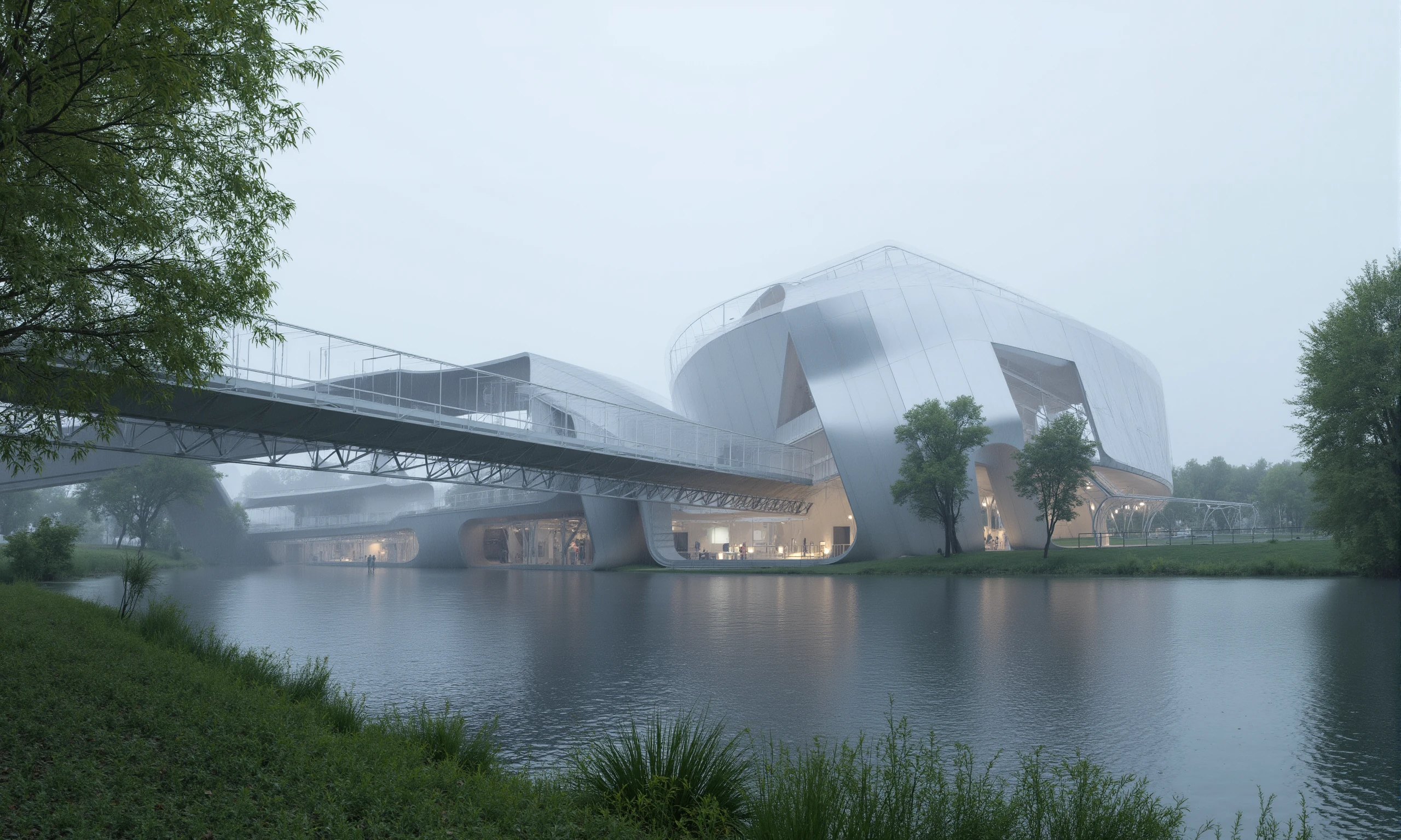 Interconnected with bridges science lab build from organic shape and cylindrical units, parametric design, ceramic 3D printed white materials. Stands as a masterpiece of modern architecture. Located at the mouth of the river with trees and greenery along its banks. Rainy day 