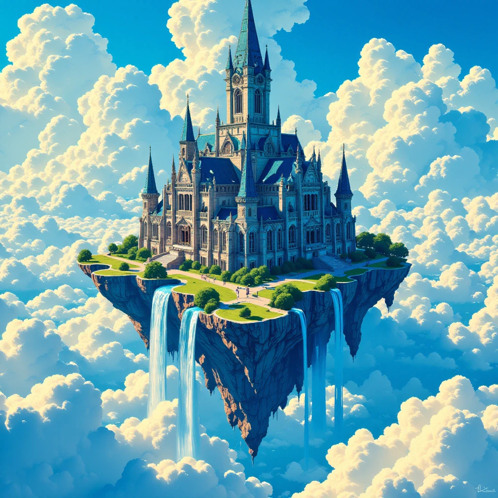 Floating Island Cathedral: A grand, gothic cathedral rests atop a floating island surrounded by swirling clouds. Waterfalls cascade off the edges, disappearing into the endless sky below. in the v1v1d34m style,<lora:v1v1dr34m:1>,