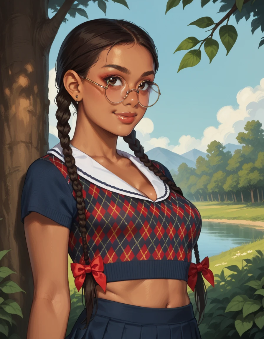 score_9, score_8_up, score_7_up, score_6_up, score_5_up, score_4_up, 1girl, solo, round eyewear, lipstick, makeup, twin braids, crop top, midriff, skirt,upper body, <lora:nerd:0.8>, outdoors, plump, dark-skinned female, smile, cleavage, fidgeting