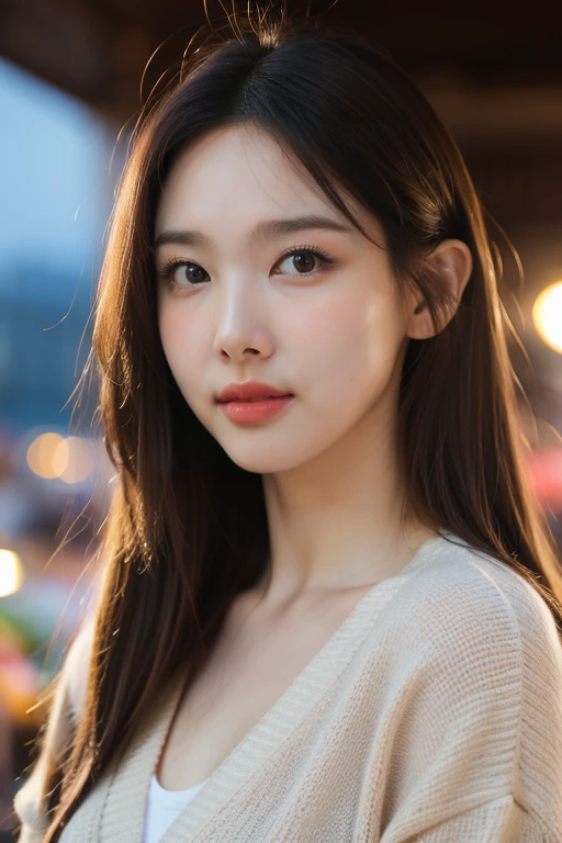 masterpiece, best quality, ultra-detailed, ultra high res, (photorealistic:1.4), raw photo, (realistic:0.2), 8k HDR, realistic lighting, looking at viewer, 1girl, solo, asymmetrical hair, outdoor, sky, (traditional market:1.2), bokeh, (detailed lips), (detailed pores), (detailed skin textures), (detailed face:1.2), (body:1.2), a woman portrait in a cardigan, cowboy shot,