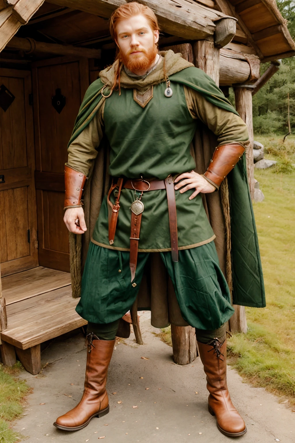 ViVi, viking village, standing outside a viking longhouse, ginger hair, beard, JamesJamesson, norsemenclothes, brown tunic, green cloak, cape, leather satchel, leather belt, leather vambrace, green pants, boots, (wide angle), (((full body portrait))) <lora:JamesJamesson:0.8>  <lora:NorseMenClothes:0.65> <lora:VikingVillage:0.65>