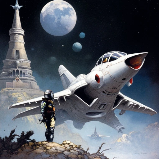 by Frank Frazetta, a scifi pilot stands near his futuristic fighter jet, science fiction, deep shadows