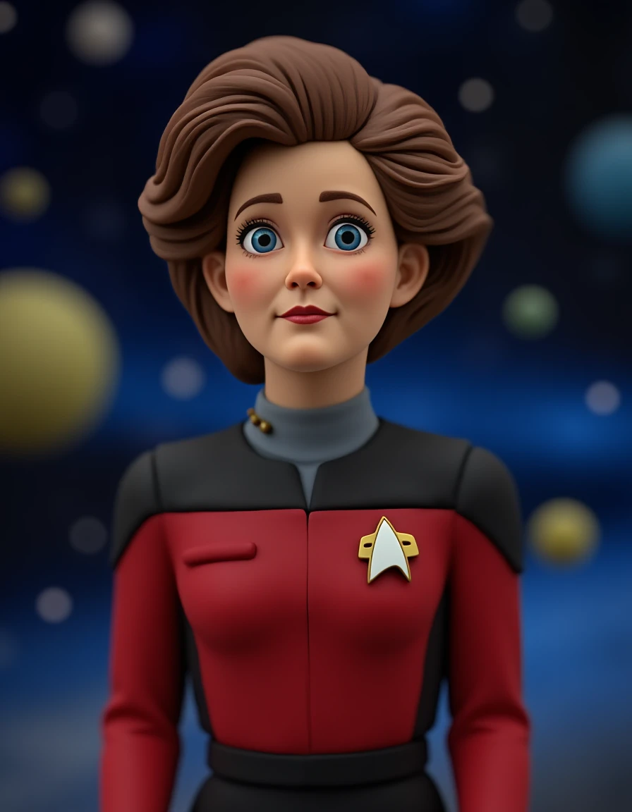 play-doh style breathtaking  photo of  <lora:janeway-flux:0.9>  captain, kathryn, janeway, star, trek, voyager, with, shirt, uniform, starfleet uniform,40 years old  woman, futuristic background, space-themed imagery , clay animation, clay model, playdooh  . sculpture, clay art, centered composition, Claymation