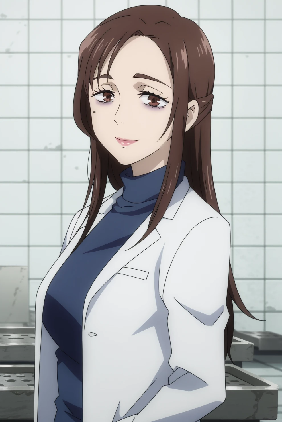 shoko eiri,anime screencap,1girl,solo,mature,mole under eye,lab,bags under eye,labcoat,makeup,turtle neck,smile,looking at viewer <lora:Shoko Eiri - PDXL2.safetensors:0.8>