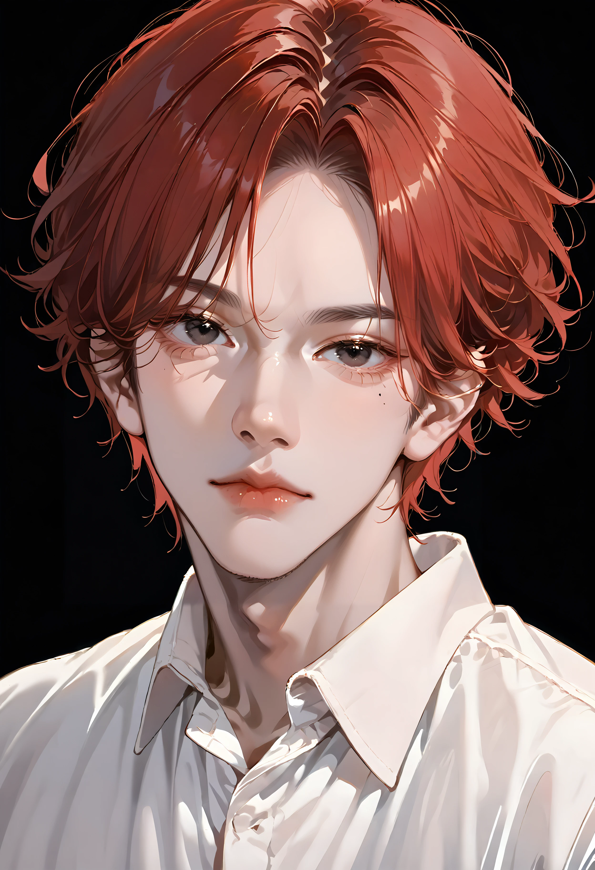 score_9, score_8_up, score_7_up, best quality, source_anime BREAK, 1boy, male focus, looking at viewer, red hair, portrait, black background, short hair, simple background, closed mouth, white shirt, black eyes, mole under eye, collared shirt, parted bangs, lips, <lora:KoreanAIStyle:1>