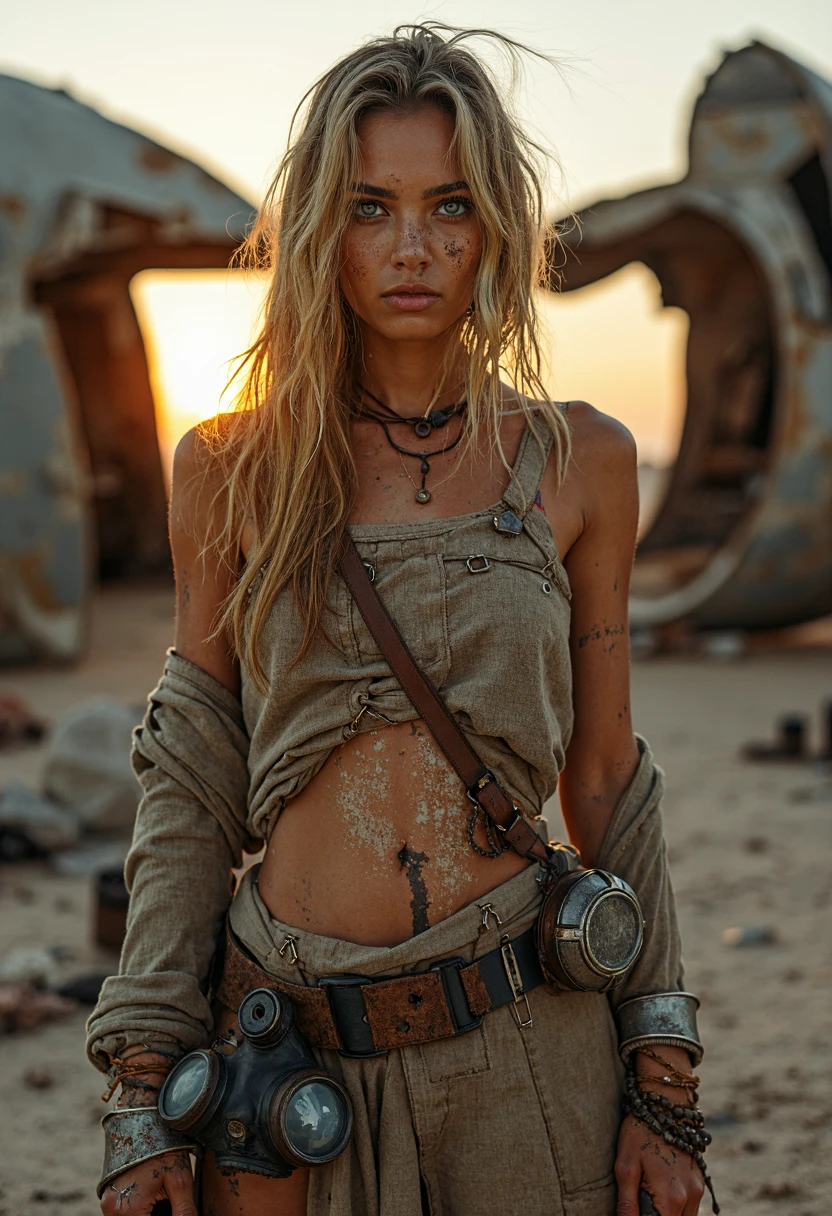 In a 0y5top1a8e desert settlement built from the wreckage of old aircraft, a beautiful woman with dirt-streaked skin stands at the entrance, her eyes scanning the horizon for threats. Her clothes are a mix of scavenged fabric and metal plates, offering little protection from the harsh sun. The cool light bloom from a distant, setting sun casts a golden hue over the settlement, highlighting the rust and decay. A gas mask hangs from her belt, its lenses cracked, while a weapon, crafted from aircraft parts, is strapped to her back, ready to defend her home from the dangers lurking beyond.
