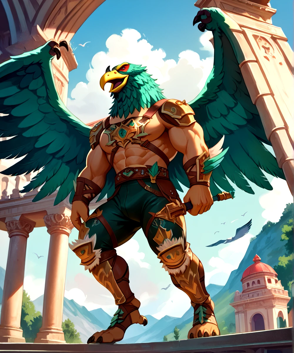 score_9, score_8_up, score_7_up,
<lora:Harakht_(Conan_the_Adventurer)_(Pony)_(AD):1> Harakht, falcon headed, teal green feathers, muscular, red eyes,
8K, In'ei, chiaroscuro, depth of field, side lighting, cinematic lighting, clear_eyes,
perfect hands, perfect proportions, 6abs, peak physical perfection, perfect male physique, sexy muscular body, powerful muscular body, impressive physique,
dynamic pose, detailed anime background, detailed photographic fluffy anime clouds, tanned skinned hands, tan skinned body, perfect hands, masterclass anime, 8K 3D CGI Unreal Engine, feathers on forearms, leather pauldrons, tight leather pants, Stygian architecture, green wings, Stygian temple, Stygian designs, Stygian armor, short horn on beak, yellow beak,
BREAK zPDXL, zPDXLxxx,