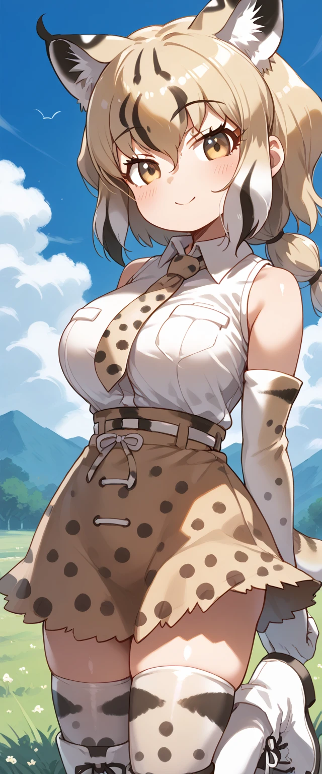 score_9, score_8_up, score_7_up, score_6_up, source_anime, rating_explicit BREAK 1girl, solo, <lora:bobcat_kf_pony_v1:1>, bobcat (kemono friends), animal ears, lynx ears, animal ear fluff, extra ears, cat tail, tail, multicolored hair, white hair, blonde hair, black hair, brown hair, braid, braided ponytail, short hair, sidelocks, animal prints, large breasts, bobcat1st, shirt, white shirt, sleeveless, sleeveless shirt, collared, collared shirt, pocket, breast pocket, necktie, print necktie, gloves, elbow gloves, print gloves, skirt, high-waist skirt, mini skirt, print skirt, thighhighs, print thighhighs, boots, white footwear, standing, blush, smile, looking at viewer, meadow, on grass, blue sky,