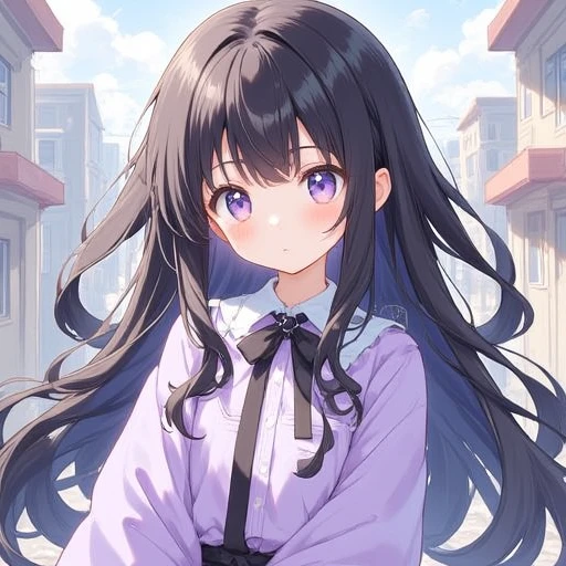 woman, pastel colors, Gouache, woman, solo, long_hair, looking_at_viewer, black_hair, long_sleeves, twintails, jewelry, very_long_hair, closed_mouth, purple_eyes, outdoors, puffy_sleeves, black_ribbon, black_bow, neck_ribbon, floating_hair, juliet_sleeves, building, city, purple_shirt