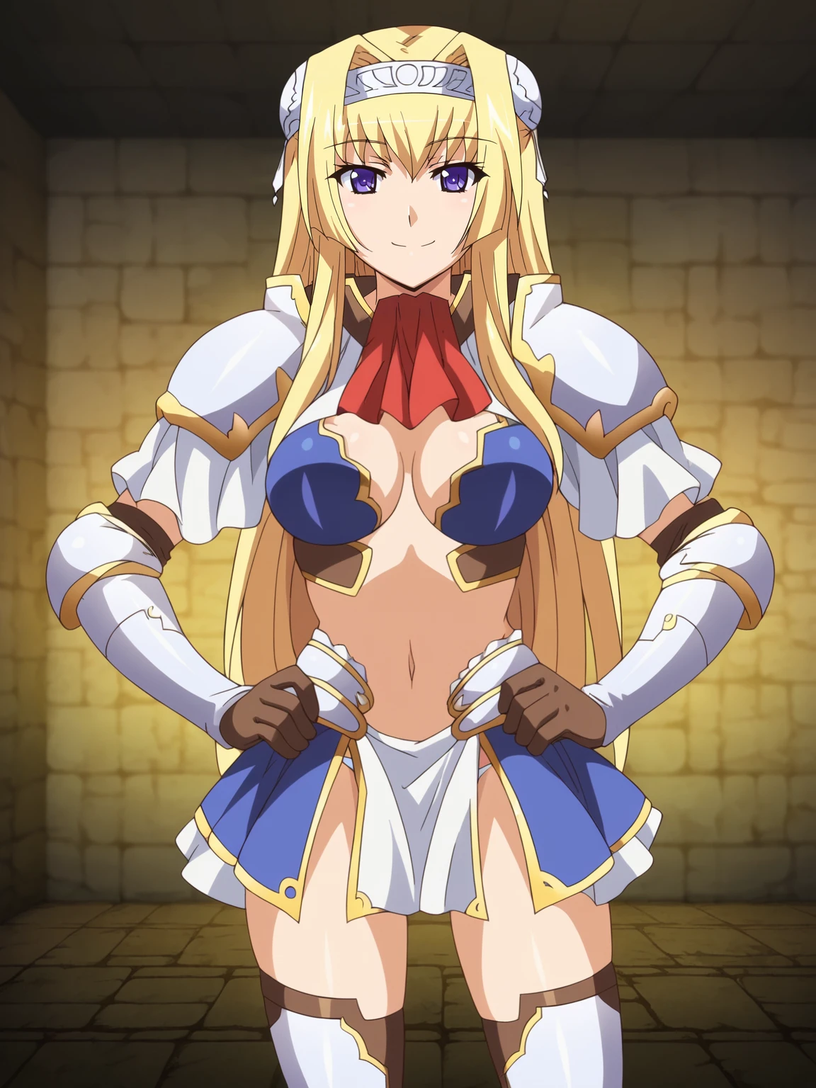 , 1female_knight, masterpiece, best quality, highly detailed, fantasy , a anime girls in armored dress holding a sword
posing for a picture, evil smile, smile, open mouth, breastplate with open cleavage, cleavage, warrior
outfit, ecchi anime style, anime girls, ecchi style, (nsfw) not safe for work, ecchi, digital anime art!!, in
anime style, official artwork, visual novel cg, beautiful anime girl, anime style 4 k , loincloth, exposed
belly, exposed navel, exposed midriff, exposed lower belly, pencil skirt armored, castle,inside castle