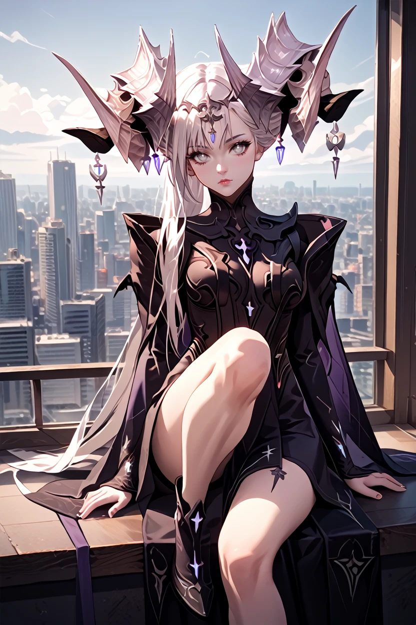 score_9, score_8_up, score_7_up
<lora:LABrelshaza:1.0>
LABrelshaza, 1girl, white hair, white eyes, demon horns, long hair, looking at viewer, sitting on a windowsill, one leg bent, one hand resting on the knee, city skyline at dusk in the background, moody and reflective ambiance