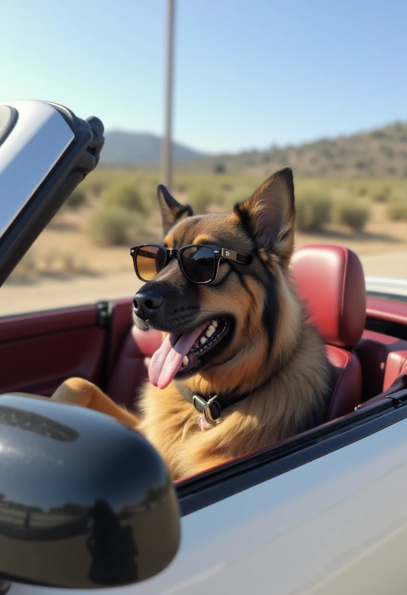 liathedog with her mouth open and tongue out, driving a convertible car through california, wearing sunglasses.   <lora:Lia_-_My_Dog_F1D_r1:1.6>