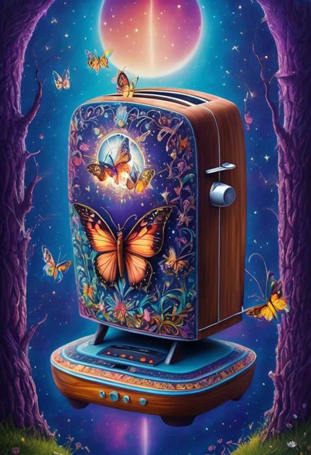 best quality, reality-shot, realism, realistic photography of a fantastical toaster with whimsical elements, magical fairytale landscape, elaborate fantasy style art, puce theme, intricate details, ultra sharp, exquisite detail, flawless composition, vivid colors, masterpiece, exciting background, butterfly, moon