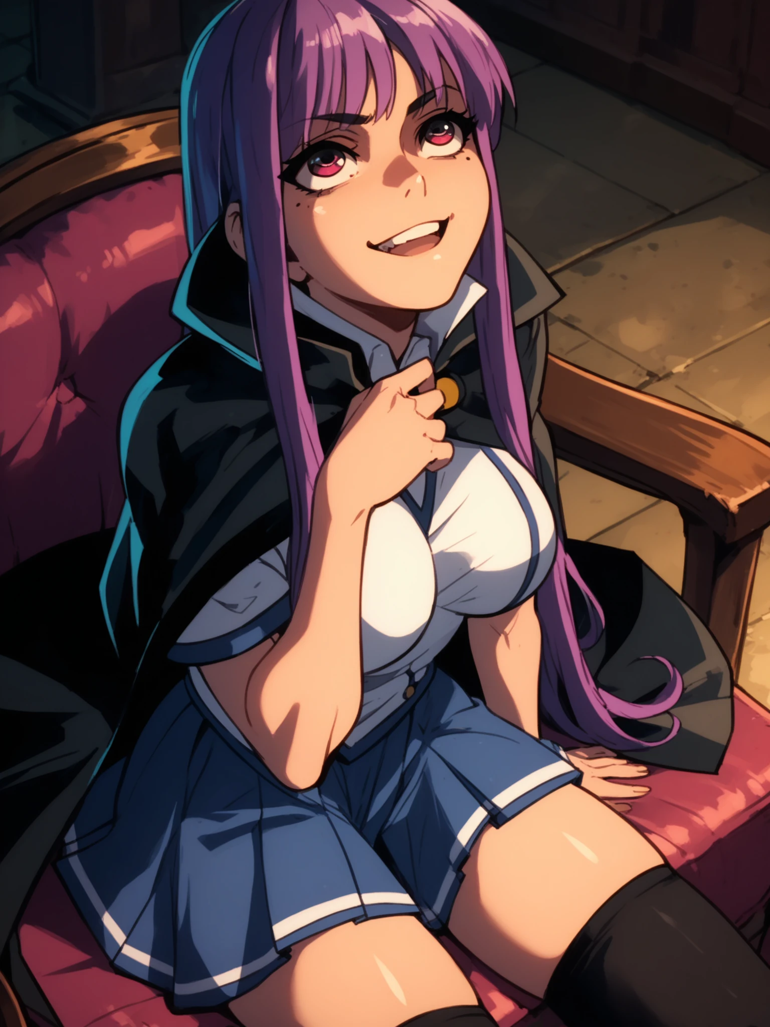 <lora:happy_tentacle-fujiko-v0.2-000030:1>, ht_fujiko, school uniform, black cape, blue skirt, black thighhighs, indoors , 1girl, solo, portrait , evil eyes , (happy :1.1), , looking up , sitting , facing viewer , score_9, score_8_up, score_7_up, score_6_up, score_5_up, score_4_up