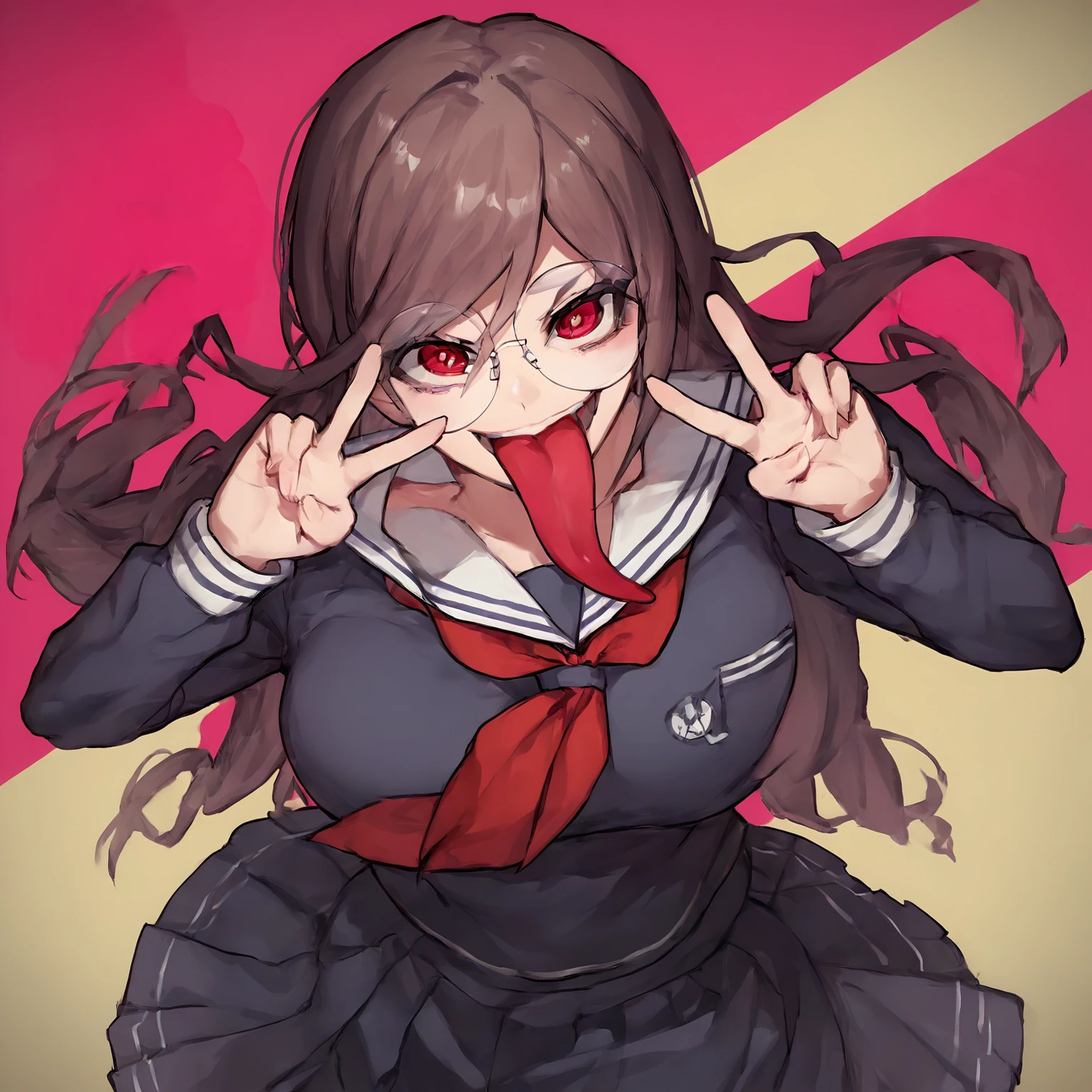 zPDXL3, 1girl, long hair, glasses, round eyewear, school uniform, bangs, solo, sailor collar, brown hair, serafuku, skirt, looking at viewer, long sleeves, genocide jack, standing, red eyes,  random pose, red neckerchief, long tongue, mouth open, big breasts, close up, peace sign, <lora:Toko_Fukawa_and_Genocide_Jack_Danganronpa_Trigger_Happy_Havoc_pdxl:1>