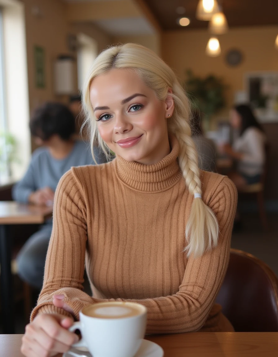 <lora:Elsa_Jean_Flux:1> realistic photo of  elsajean,  blonde, braid, makeup, wearing a turtleneck sweater dress, sitting in a cafe having a coffee, smiling, looking at viewer.