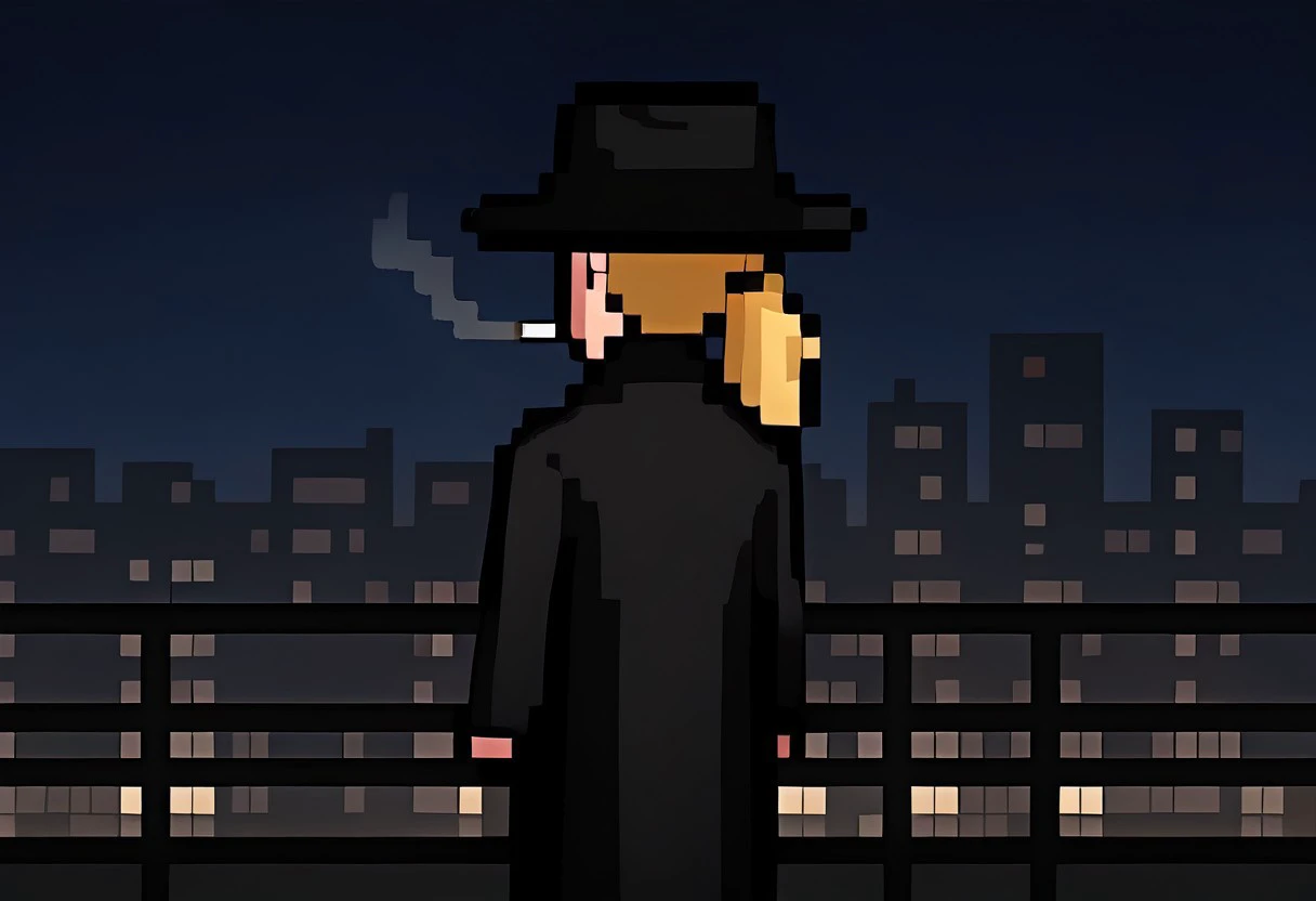 8b1t art style, black fedora, black trench coat, 1girl, black shirt, blonde ponytail, black pants, city, smoking, serious, cinematic lighting, side shot, night, far away shot, looking afar, city lights, dark, shadows, silhouette, street view, leaning on balcony, shades