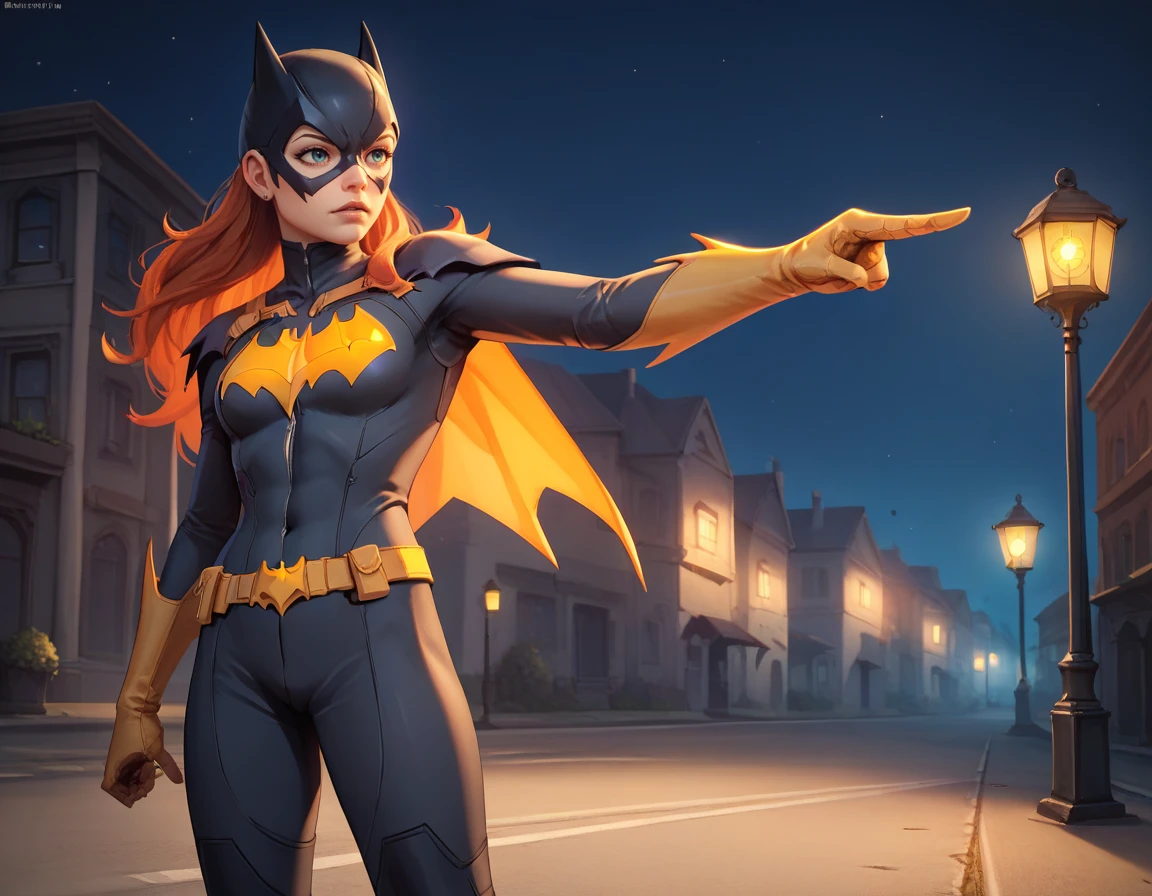 <lora:Objection_Pose_-_Pony:1> zpdxl2, (pwobjection:1.2), 1girl, solo, Batgirl, urban background, streetlight, night sky