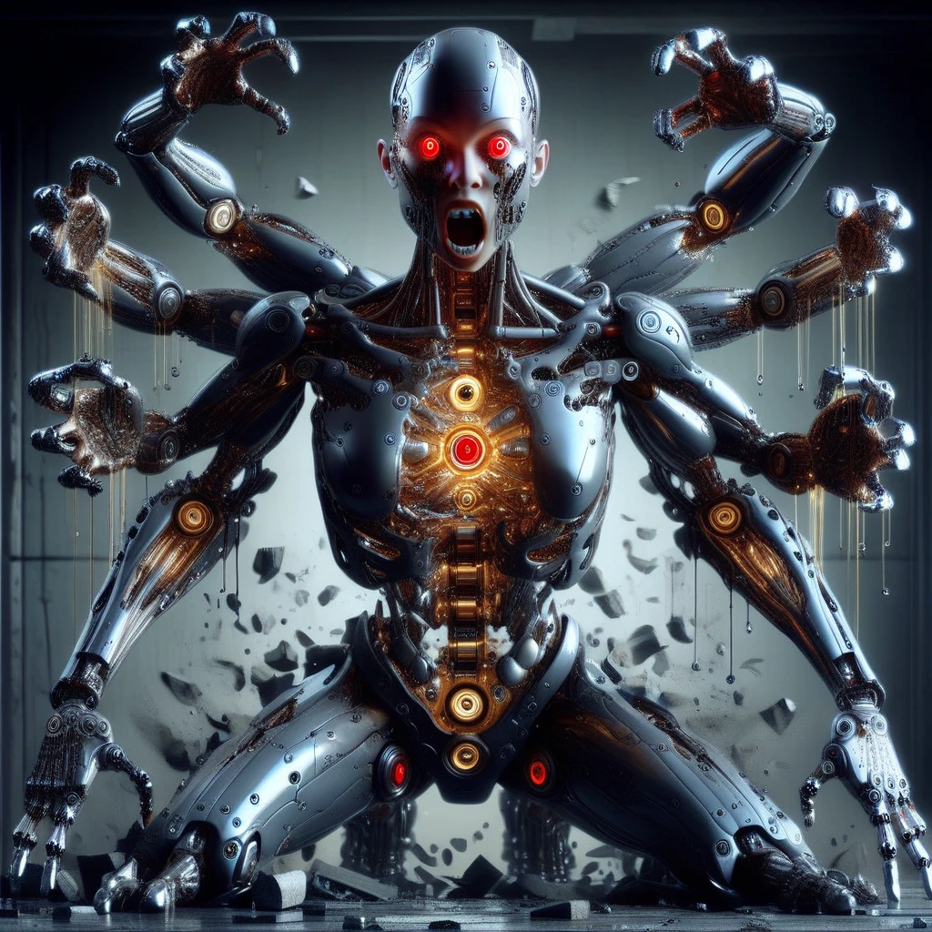 humanoid robot, 1girl, exhibiting complex robot joints, oil and grease visibly dripping from joints and crevices, full body depiction, covered in intricate mechanical parts, no humans present, ultra-realistic detailing, portrayed as a solo figure, bald head with glowing red eyes looking upwards, defined nose, mouth wide open revealing sharp teeth, facial expression conveying a scream, mechanical chest with visible breasts, central glowing core emitting a bright light, equipped with ten mechanical arms extending from the back, each arm ending in detailed open hands with mechanical fingers, mechanical legs bent on knees, mechanical feet exposed, barefoot, surrounded by scattered debris, dimly lit industrial environment, high contrast lighting highlighting the glow from the core and eyes, adding a sense of tension and drama