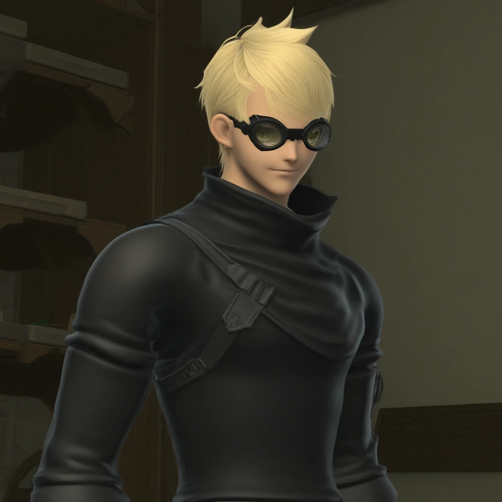 dt_xiv_style, solo, looking at viewer, short hair, blonde hair, 1boy, upper body, male focus, pointy ears, indoors, goggles, elezen, score_9, score_8_up, score_7_up, score_6_up, score_5_up, score_4_up,