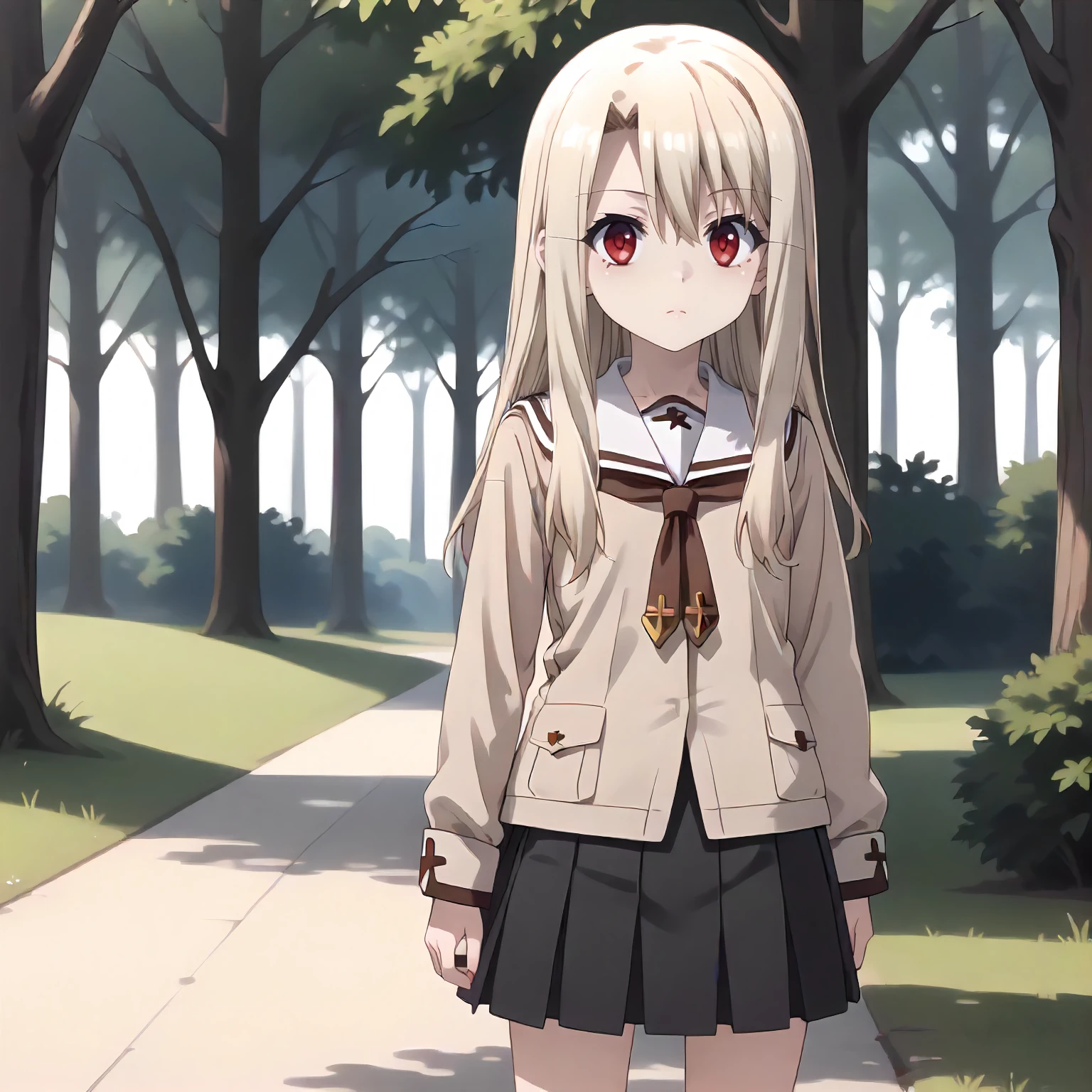 <lora:Fate_IllyaXLpony002>,
outdoors,nature,
solo,
Illya,1girl,blonde hair,long hair,red eyes,
white sailor color,brown jacket,brown ribbon tie,long_sleeves,
pleated_skirt,black skirt,
standing,