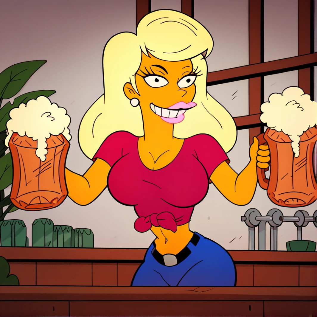 score_9, score_8_up, score_7_up, score_6_up, score_5_up, score_4_up,  <lora:Titania_Simpsons:1>, titania, 1girl, solo, breasts, yellow skin, blonde hair, pink shirt, midriff, holding beer mug, smile, indoors, lipstick