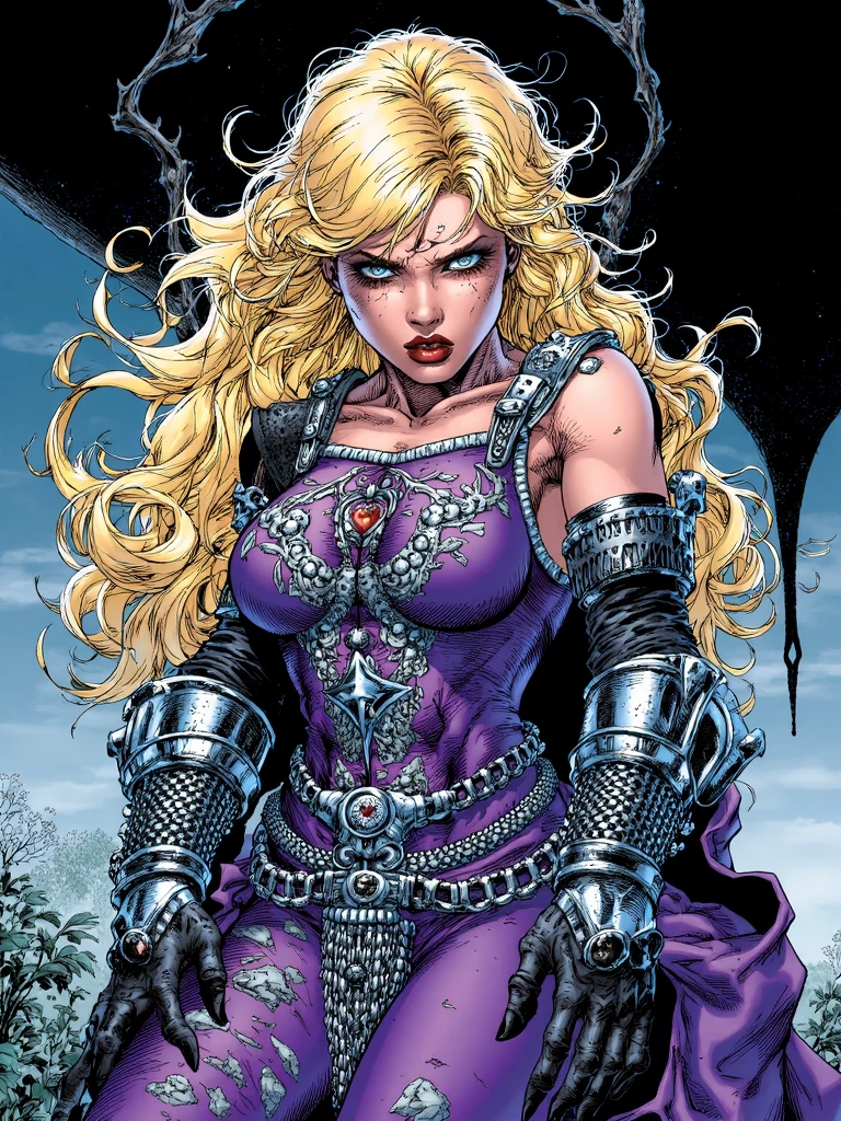 jimlee style, comicbook illustration, woman with long blonde hair and dark shaded eyes with striking gaze under eyelashes, she is wearing ornate but torn and deformed purple dress with silver edges and damaged chainmail armor over dress, dark and eerie atmosphere, dark fantasy, <lora:sxz-Jim-Lee-Flux:1>