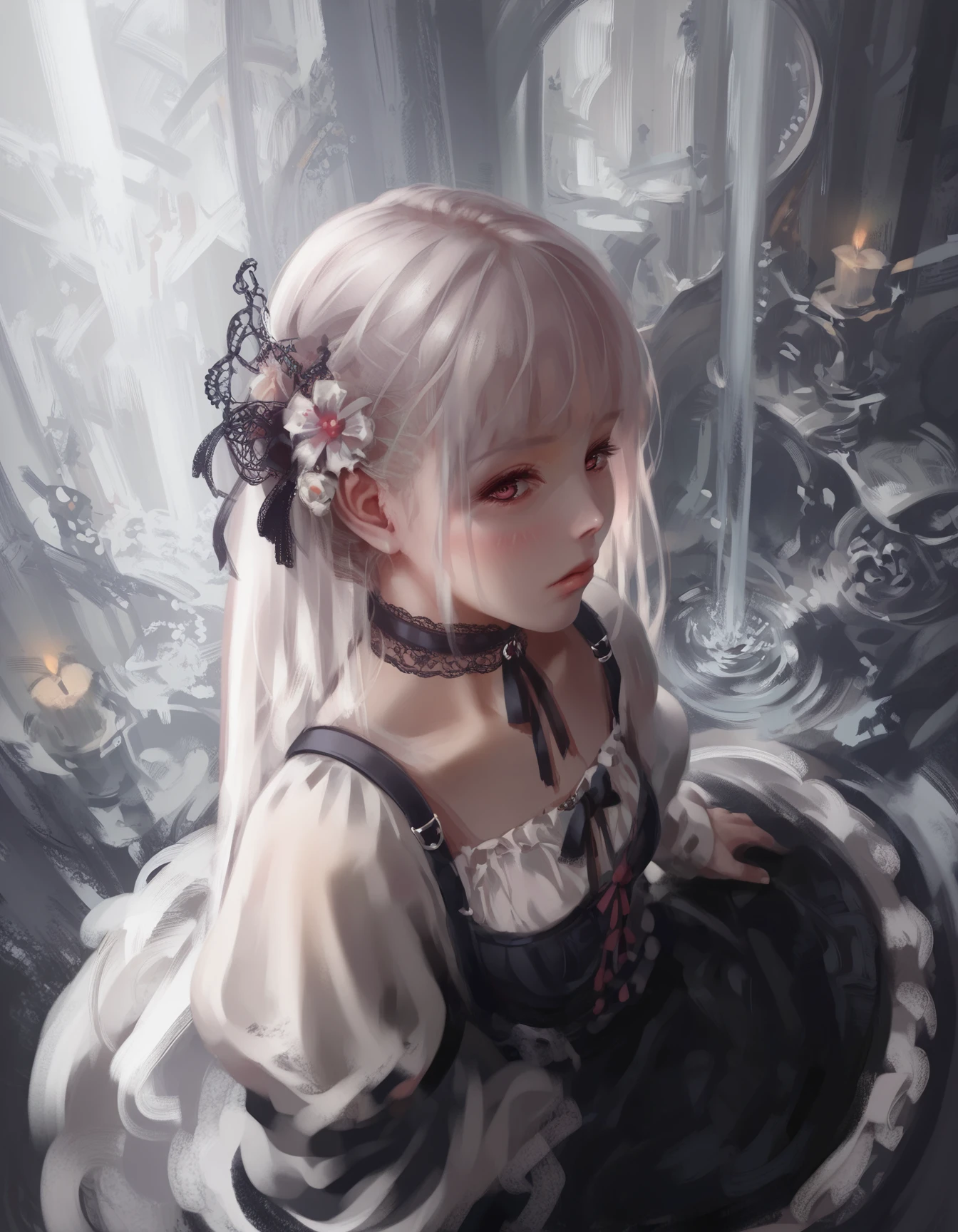 score_9, score_8_up, score_7_up,score_6_up,score_5_up,score_4_up,1girl, looking at viewer, blush, choker_bow, gothic, victorian, waterfall, candlelight, albino, from above, perspective, hair flower,profile
<lora:wlopwangling_style_pony6_v2-000038:1>