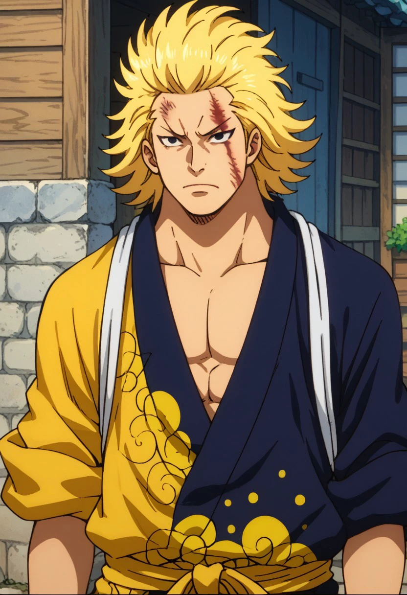 score_9, score_8_up, score_7_up, source_anime, rating_safe, KinOP, blonde_Kin_hair, black eyes, 1boy, male focus, anime screencap, Kin_injury, blue-yellow_Kin_yukata, white cloth straps, sleeves rolled up,