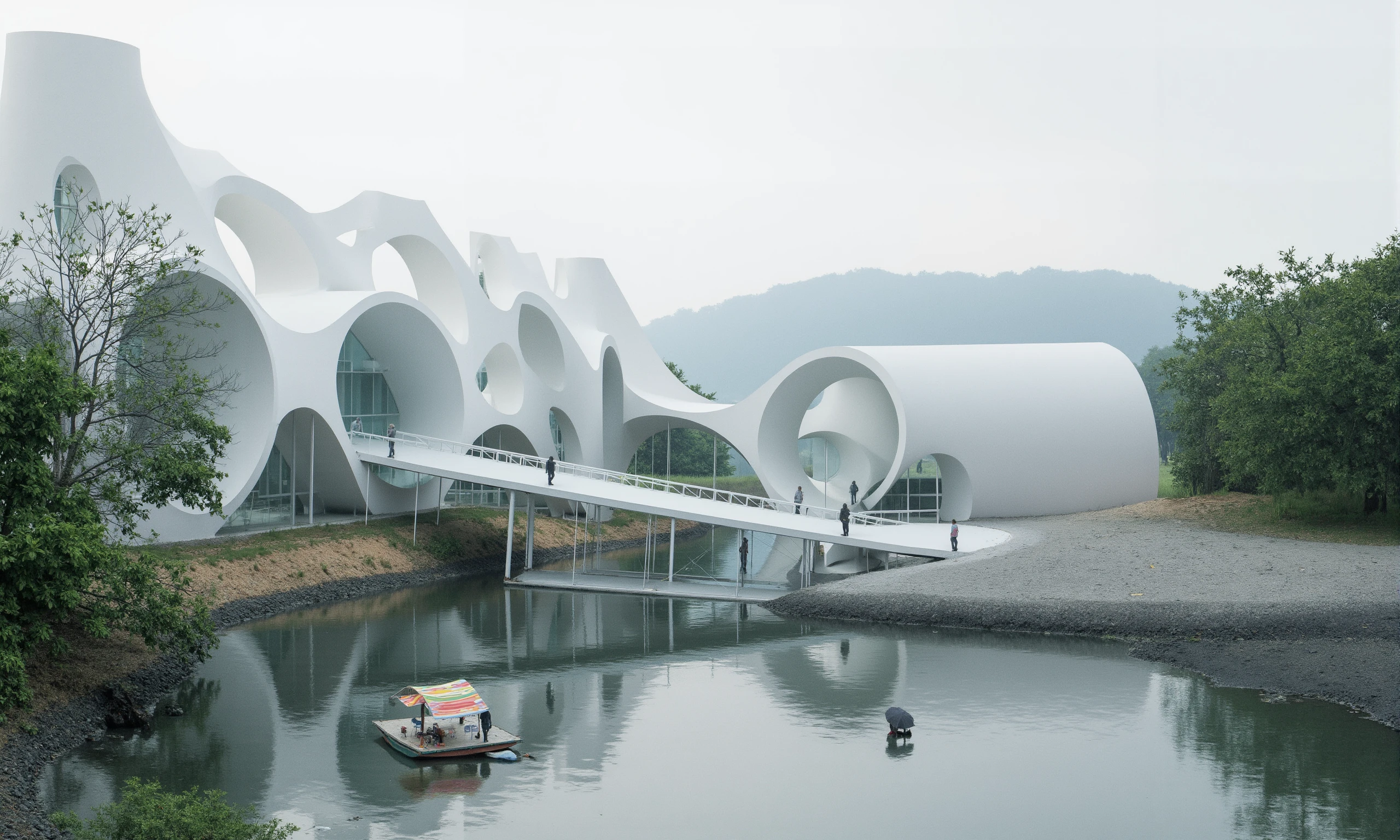 Interconnected with bridges science lab build from organic shape and cylindrical units, parametric design, ceramic 3D printed white materials. Stands as a masterpiece of modern architecture. Located at the mouth of the river with trees and greenery along its banks. Rainy day 